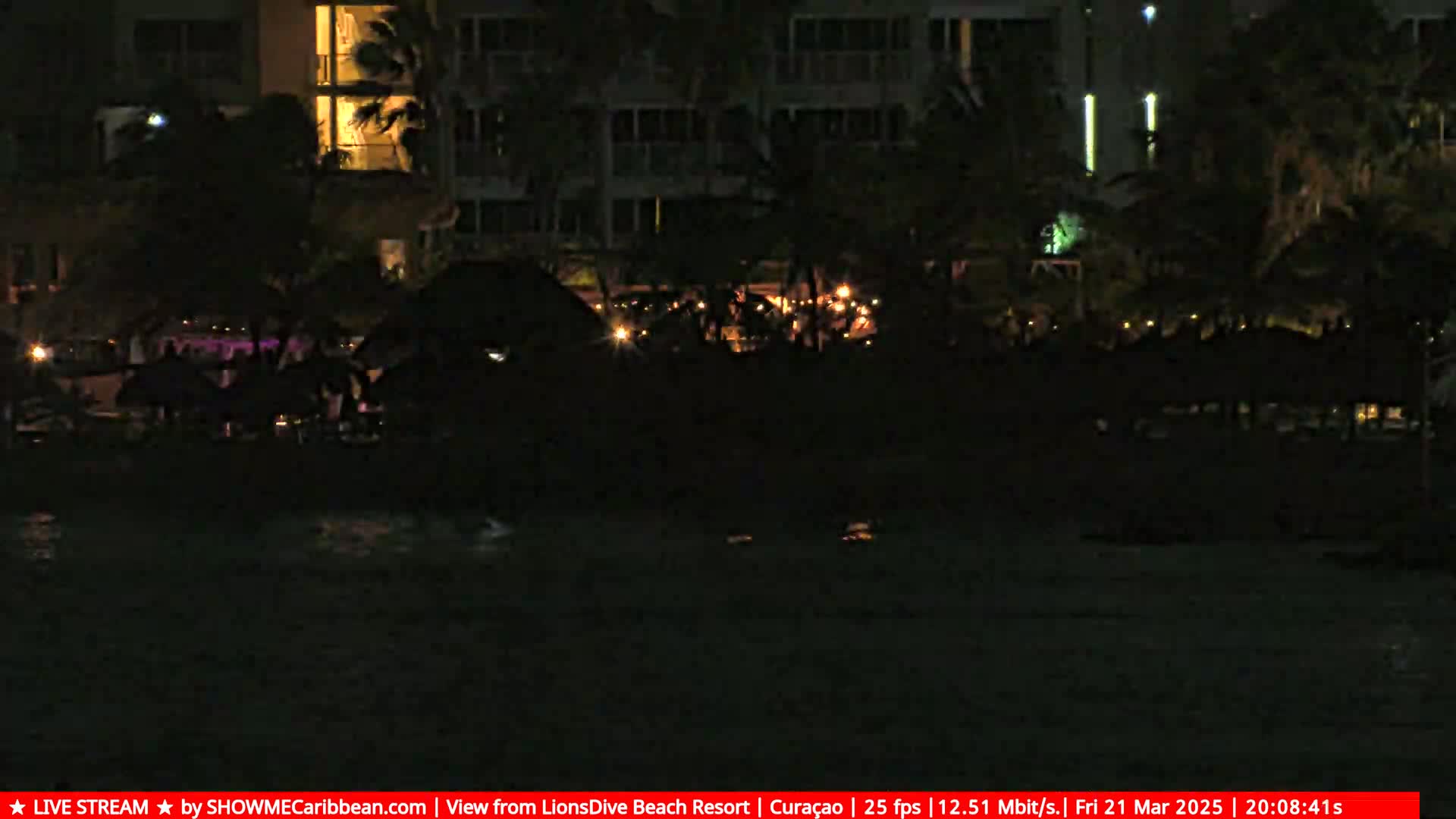 At night, a dark body of water is in front of a shoreline with many small lights indicating a gathering near a brightly lit building.