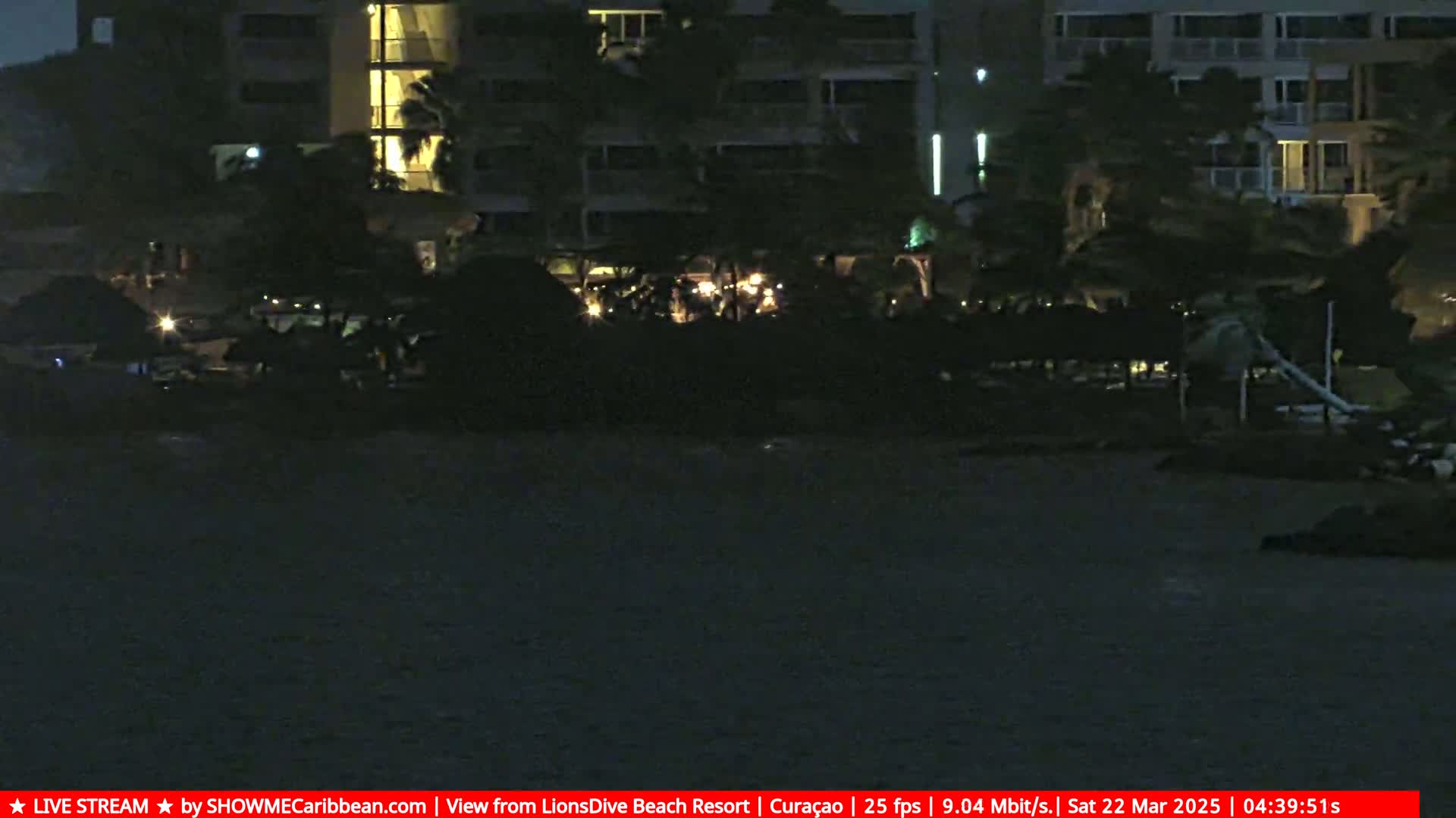 A dark, nighttime view of a resort area with dimly lit buildings and palm trees near a dark body of water.