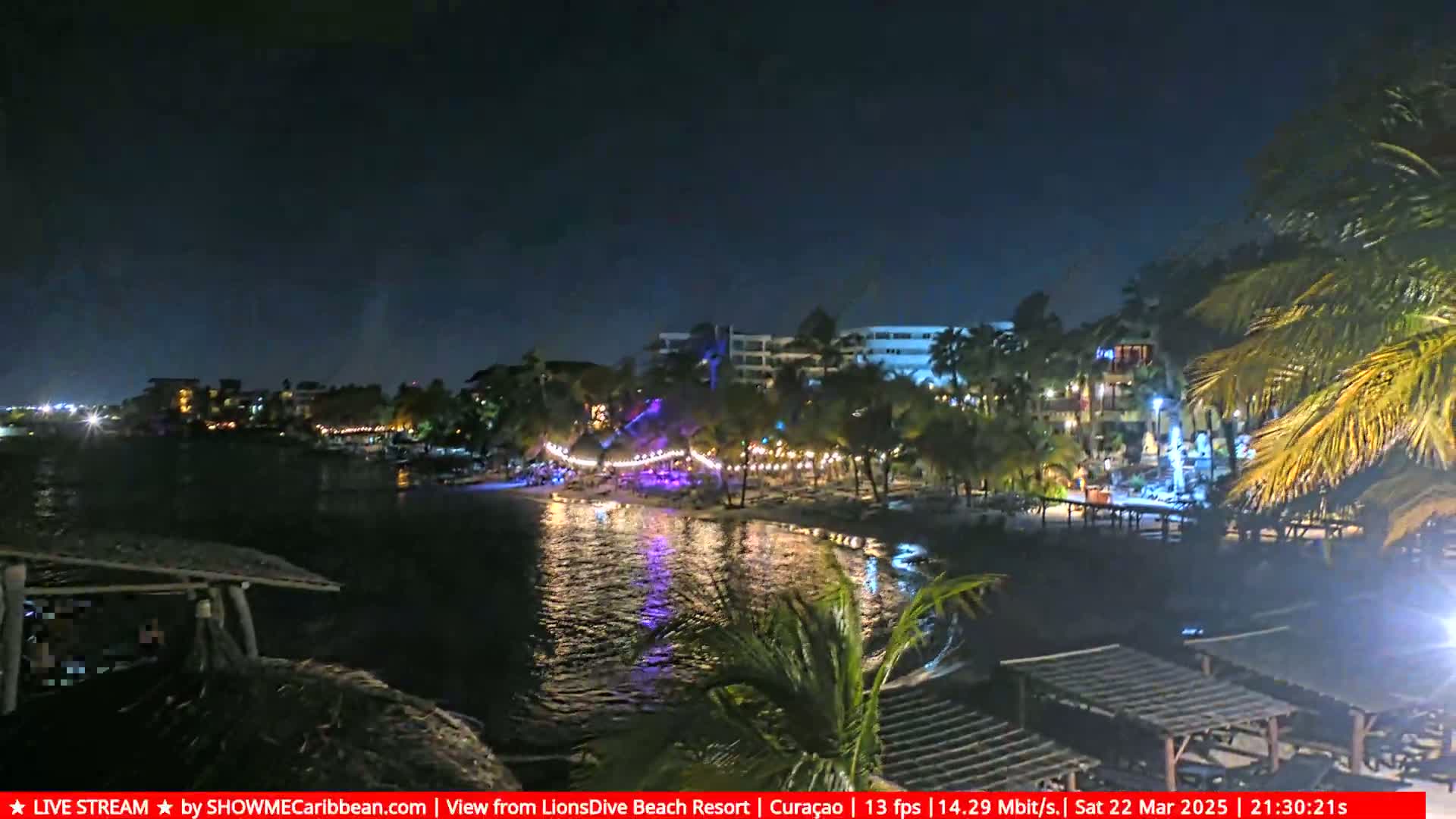 A nighttime view of a beach resort with string lights along the shoreline, calm water reflecting the lights, and palm trees under a clear, dark sky.