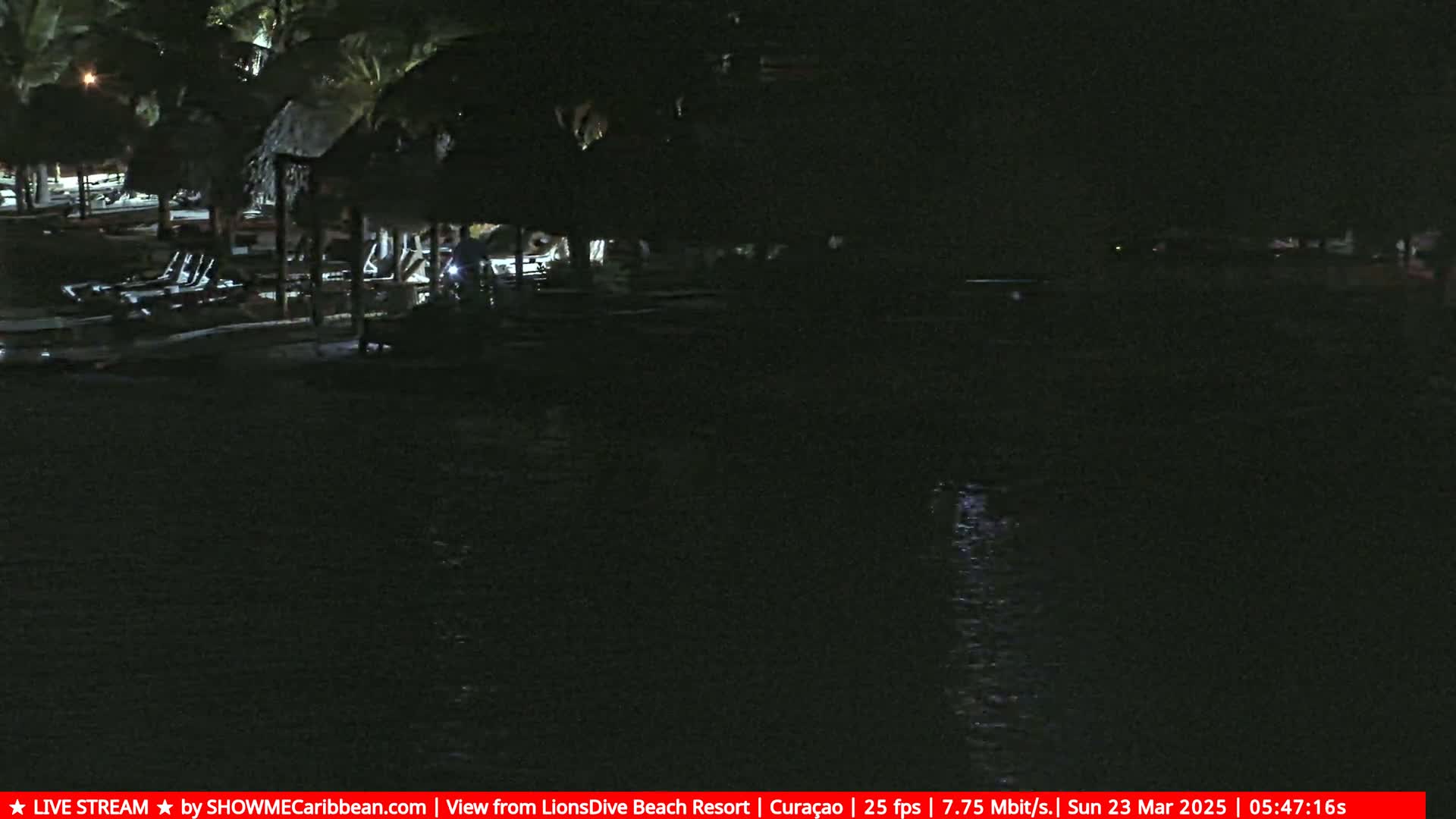 A dark nighttime scene shows a beach with lounge chairs under thatched-roof structures, next to a calm body of water.