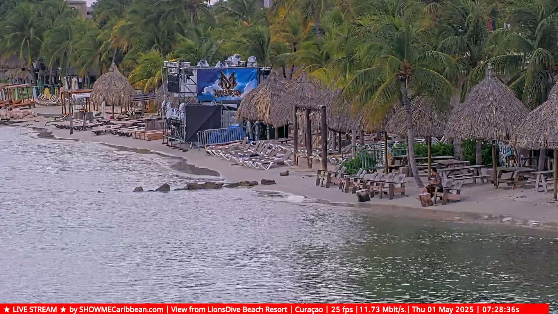 A sandy beach with lounge chairs, thatched-roof huts, and a stage is visible, next to calm water under an overcast sky.