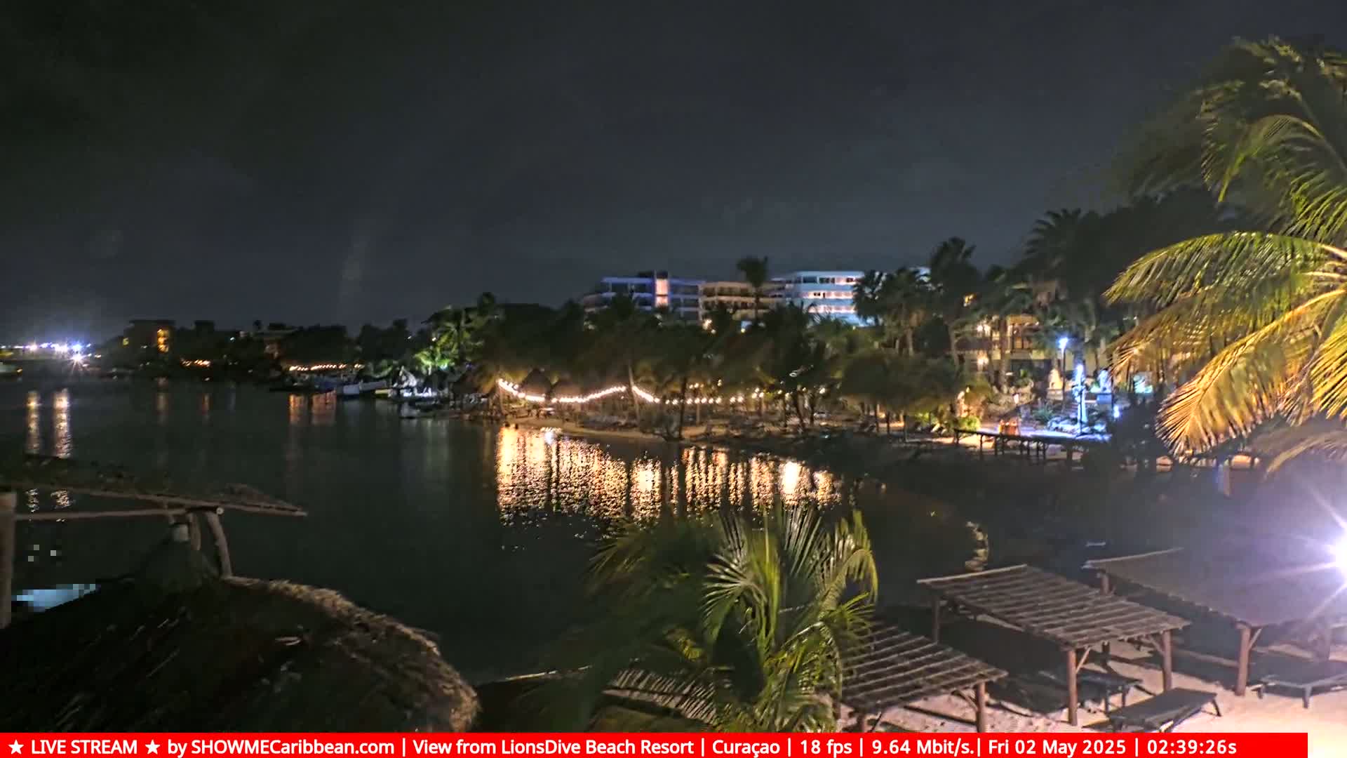 A nighttime view of a calm body of water reflecting the lights of a resort and palm trees along a beach.