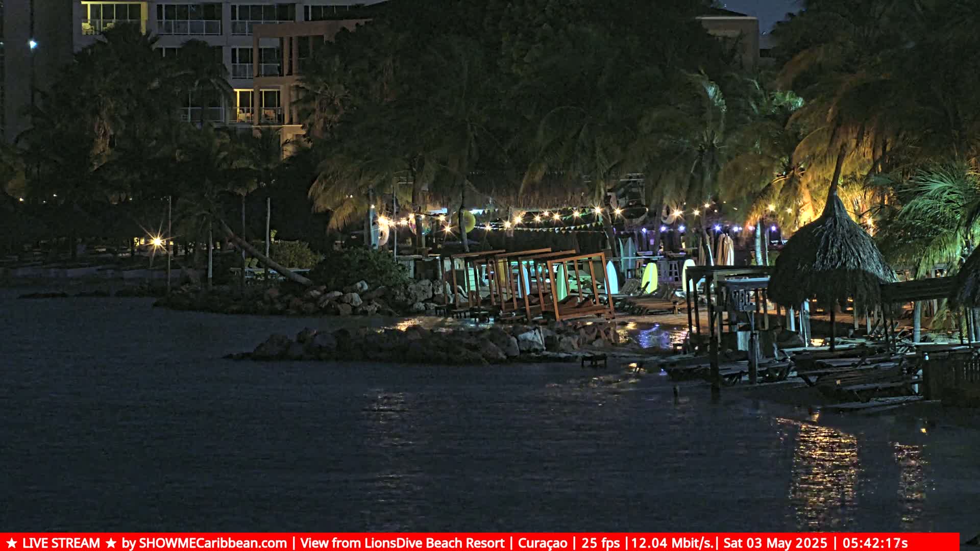 A nighttime view of a beach resort with palm trees, string lights, and beach cabanas illuminated near calm water.