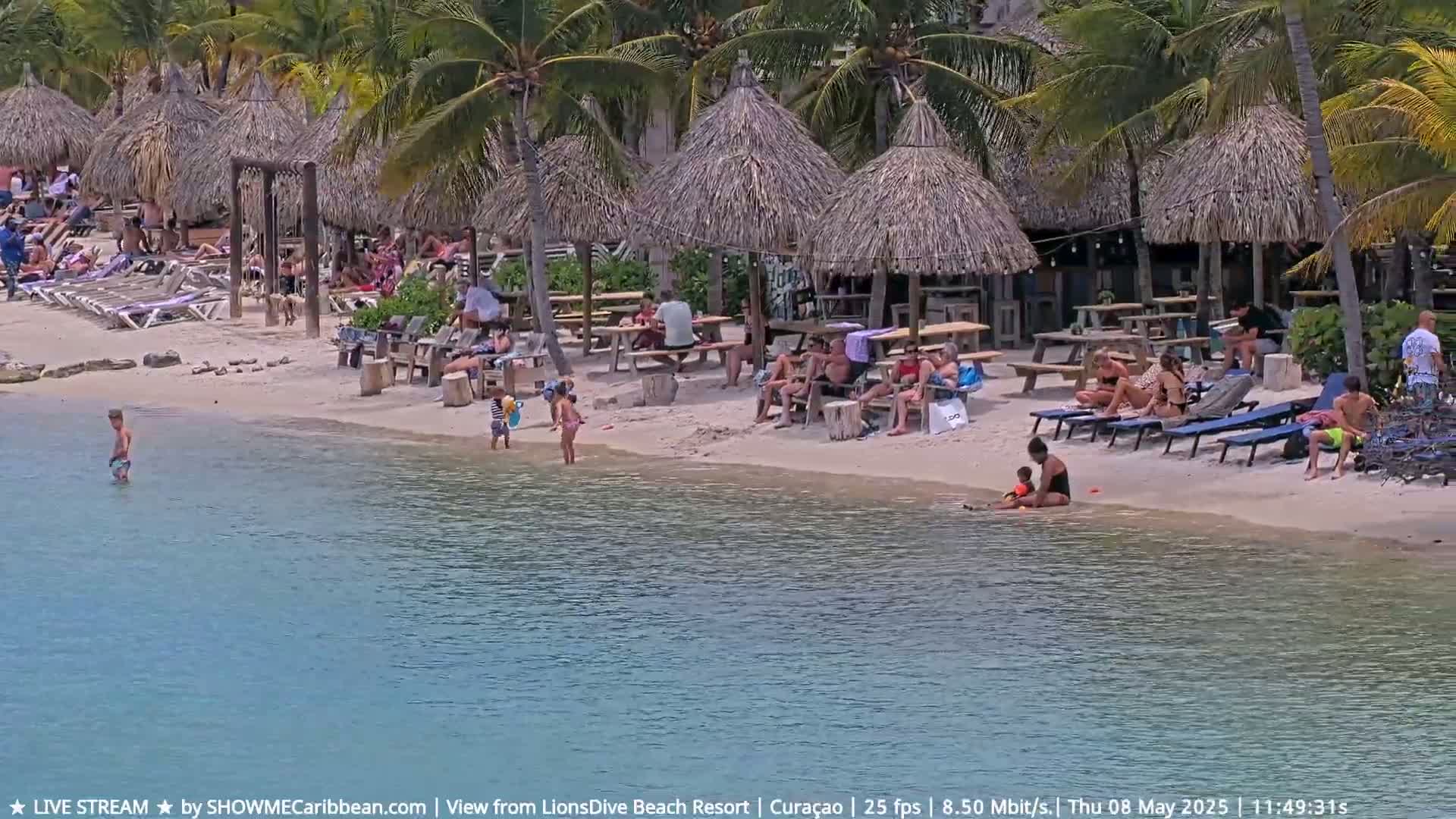 A sunny beach scene shows many people relaxing under thatched-roof structures and sunbathing on lounge chairs near calm, clear water.