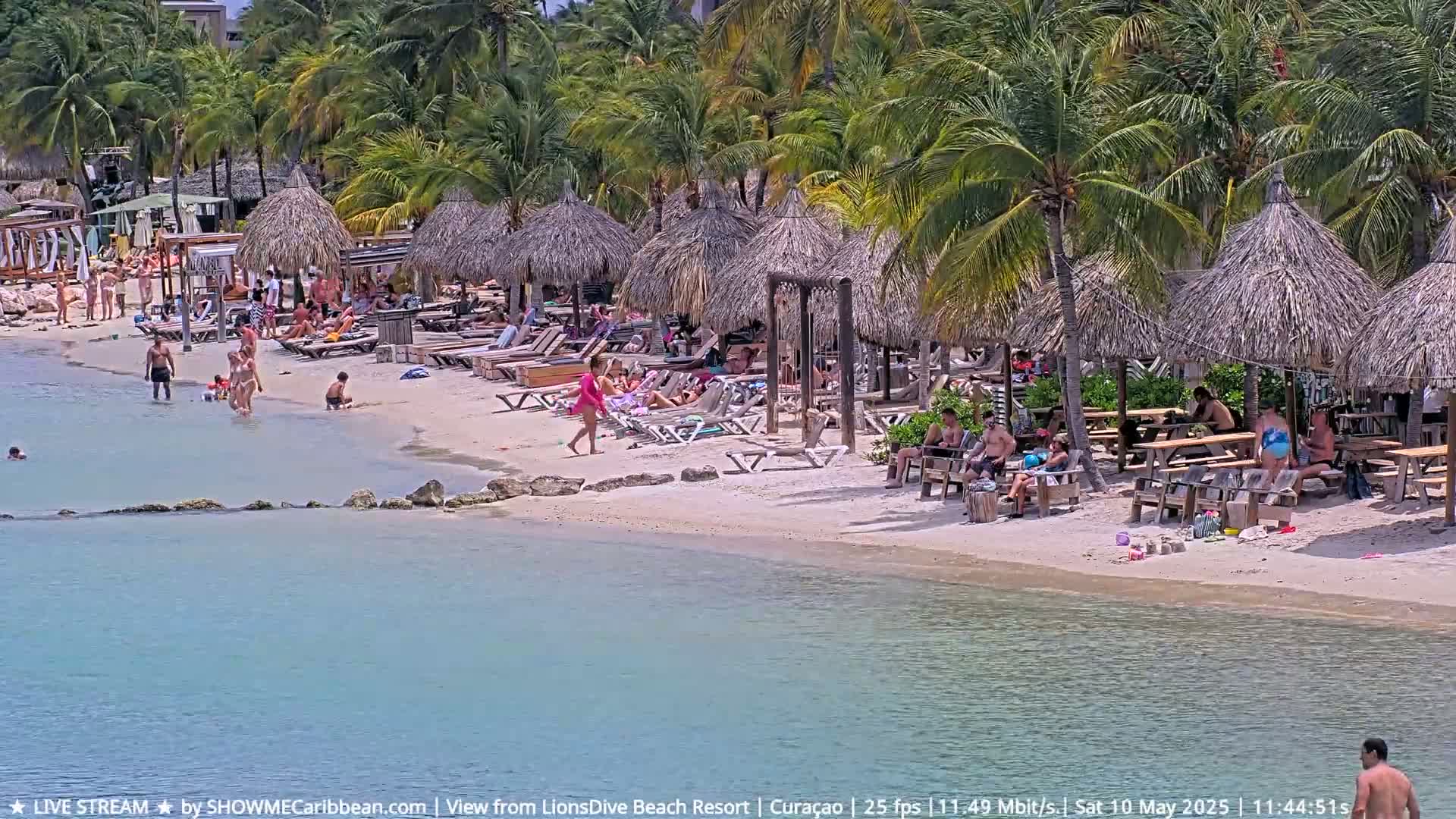 A sunny beach scene shows many people relaxing under thatched umbrellas and in lounge chairs near calm, turquoise water.