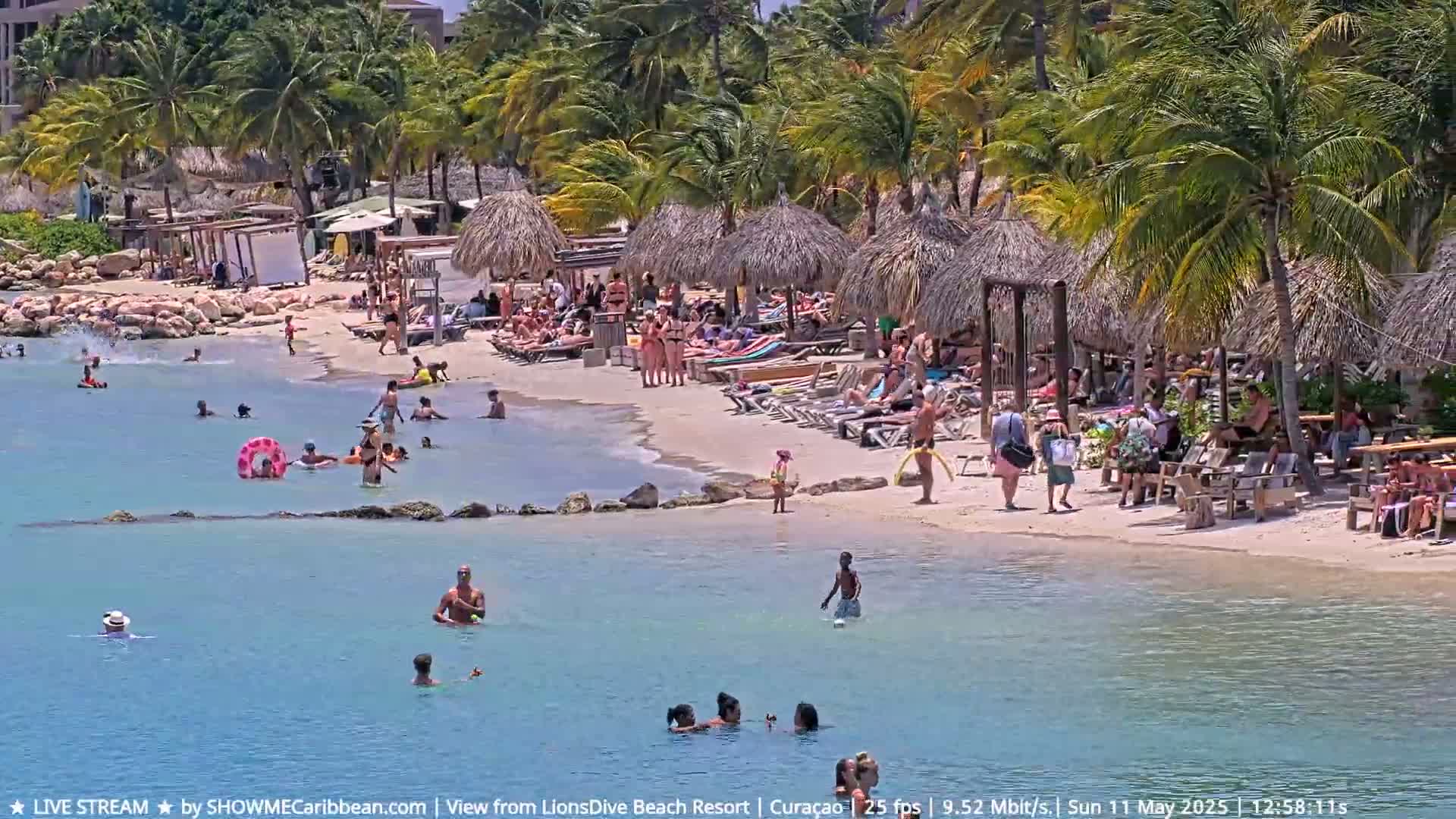 A sunny beach scene shows many people swimming and relaxing under thatch umbrellas on a sandy beach surrounded by palm trees.