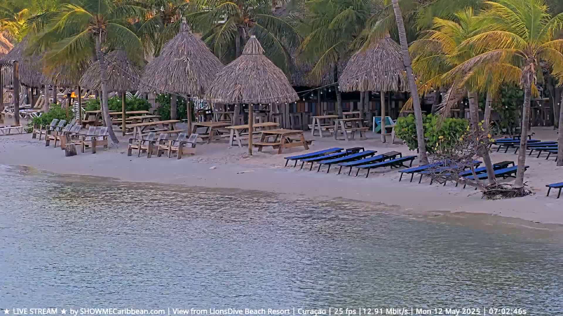 A sandy beach with thatched-roof umbrellas, picnic tables, and lounge chairs is situated next to calm water under a mostly clear sky.
