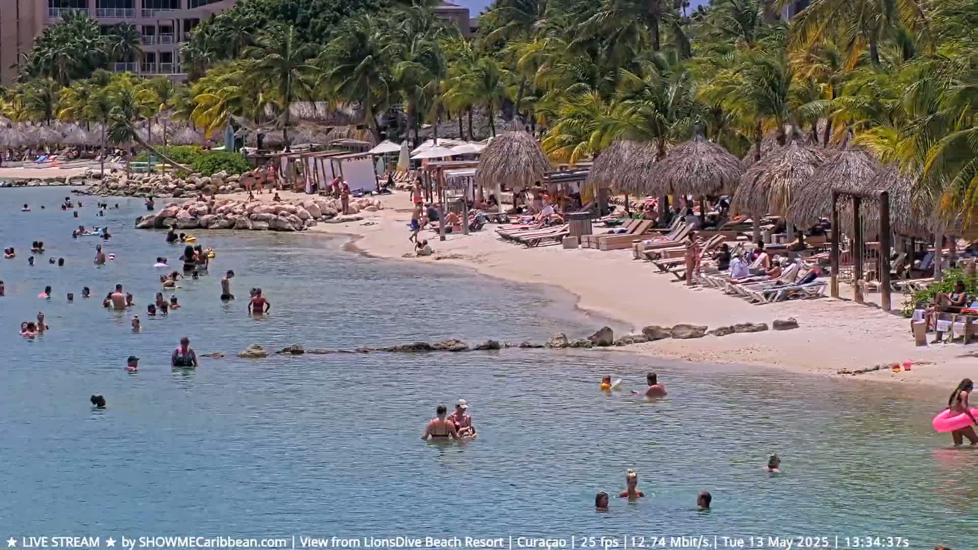 A sunny beach scene shows many people swimming and relaxing in the shallow water and on the sandy shore under thatch-roofed umbrellas and palm trees.