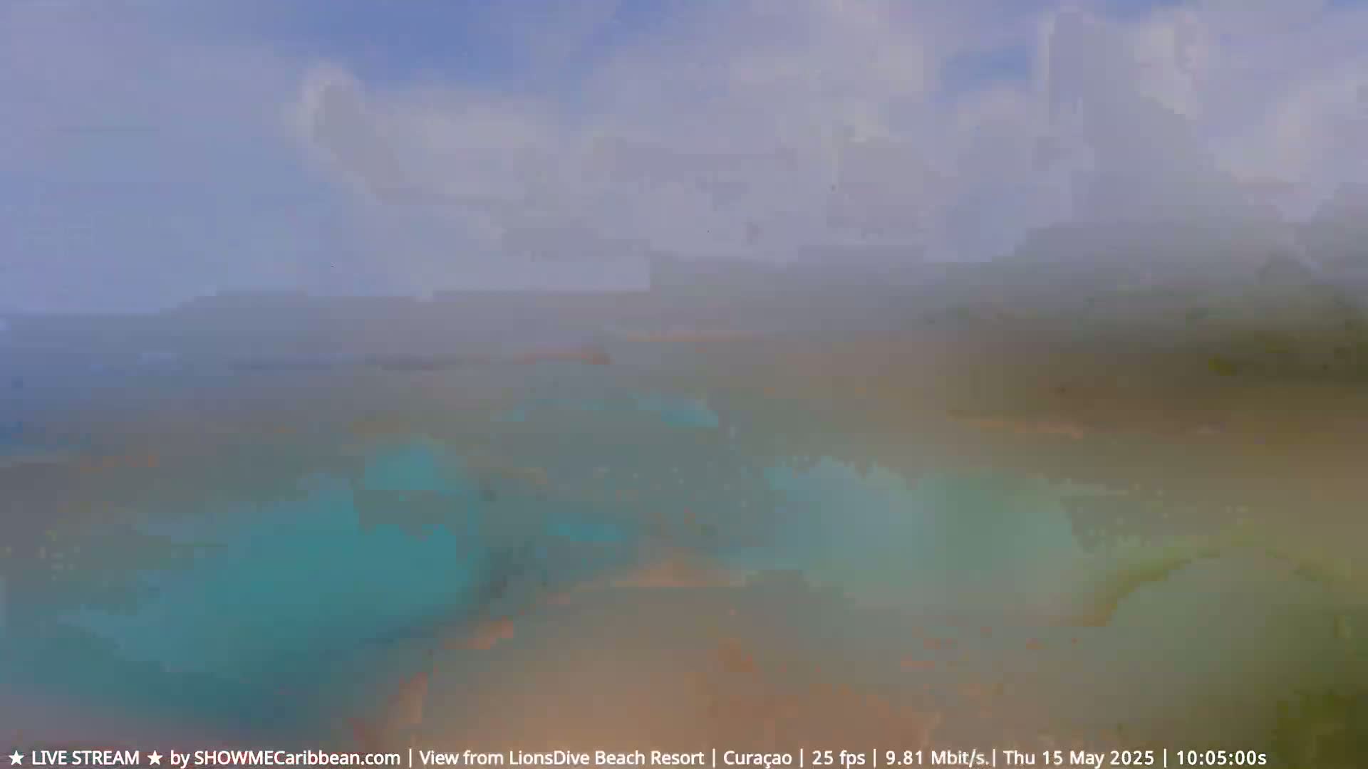 A hazy, partly cloudy day reveals a blurry view of teal ocean water and a tan shoreline.