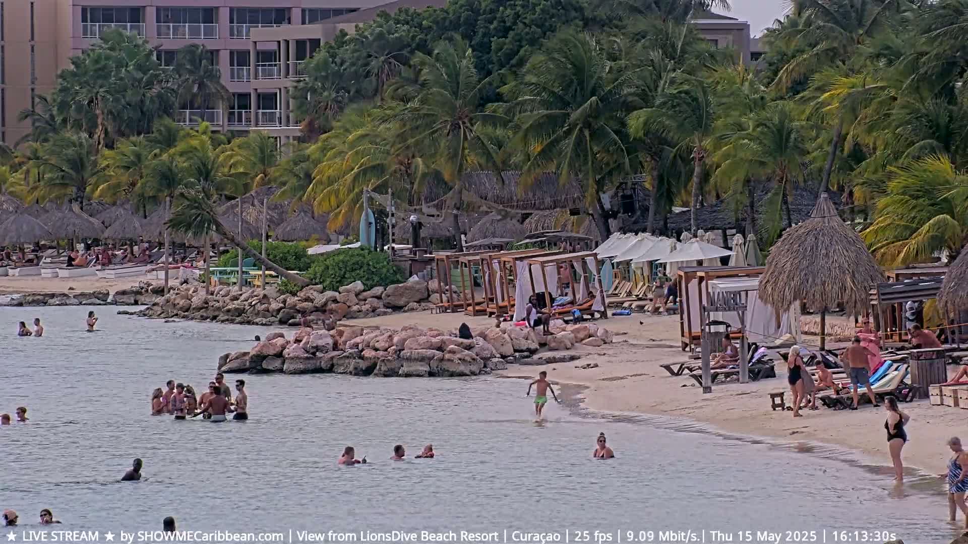 A sandy beach with calm water, numerous palm trees, beach umbrellas, and several people swimming and relaxing.