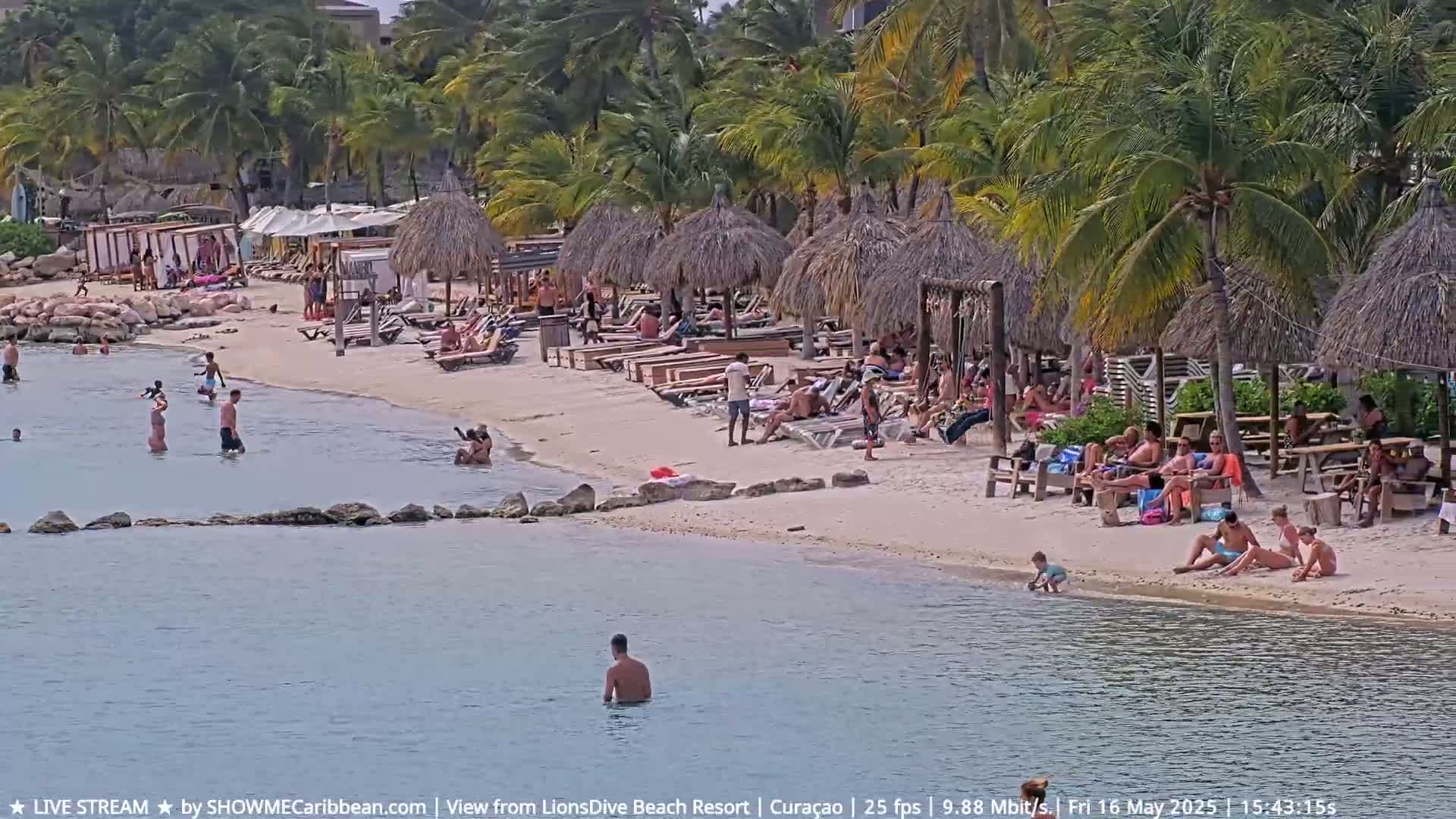 A sandy beach with many people relaxing under thatched umbrellas, swimming in the calm water, and playing on the shore under a sunny sky.