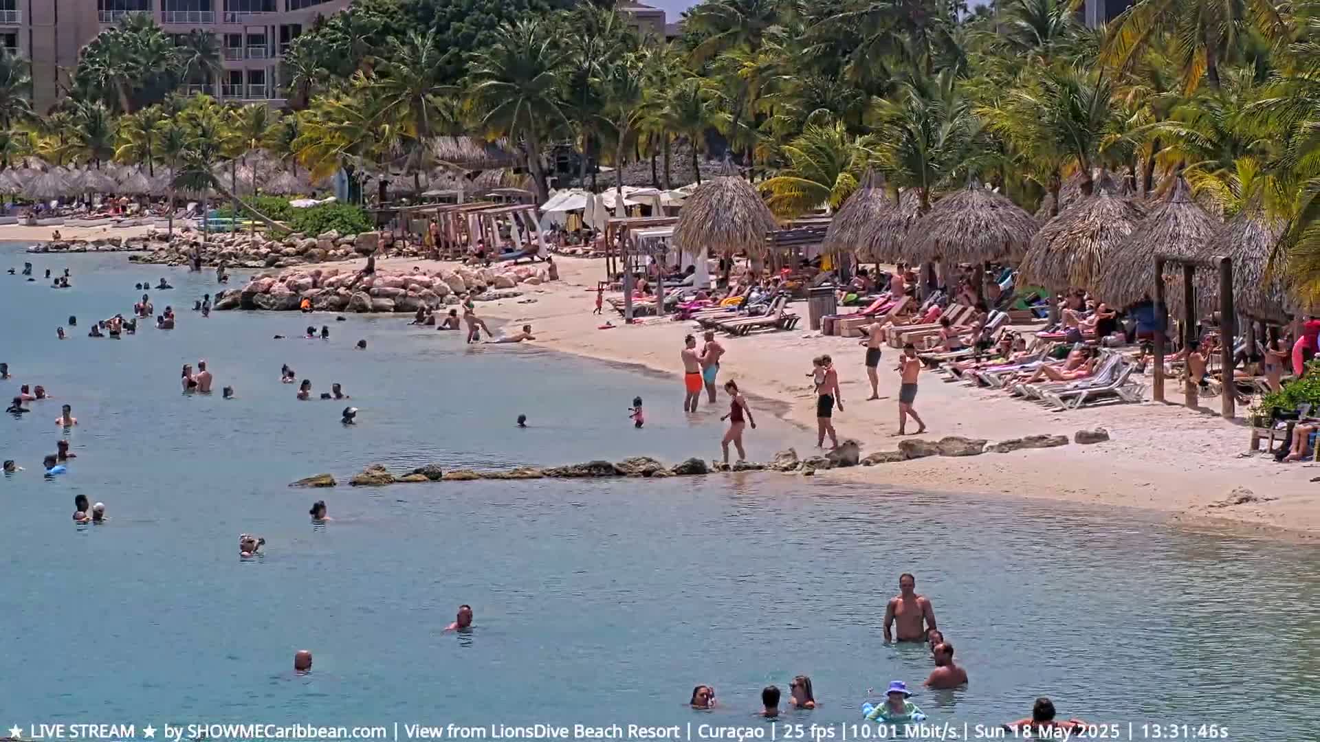 A sunny beach scene shows many people swimming and sunbathing on a sandy shore near calm water, with thatch-roofed beach umbrellas and palm trees in the background.