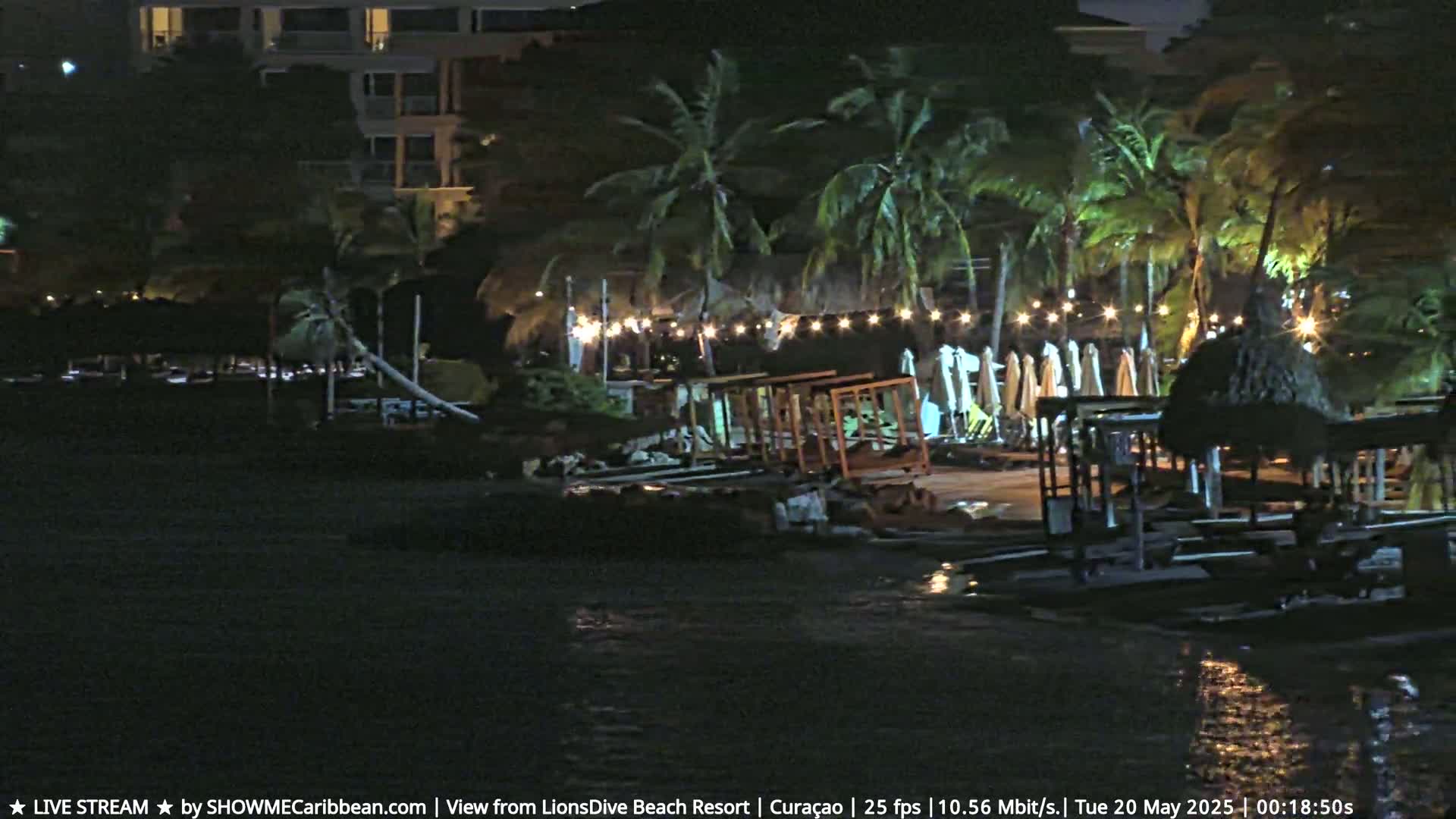 At night, a beachfront area with palm trees and outdoor furniture is partially submerged in shallow water under calm conditions.