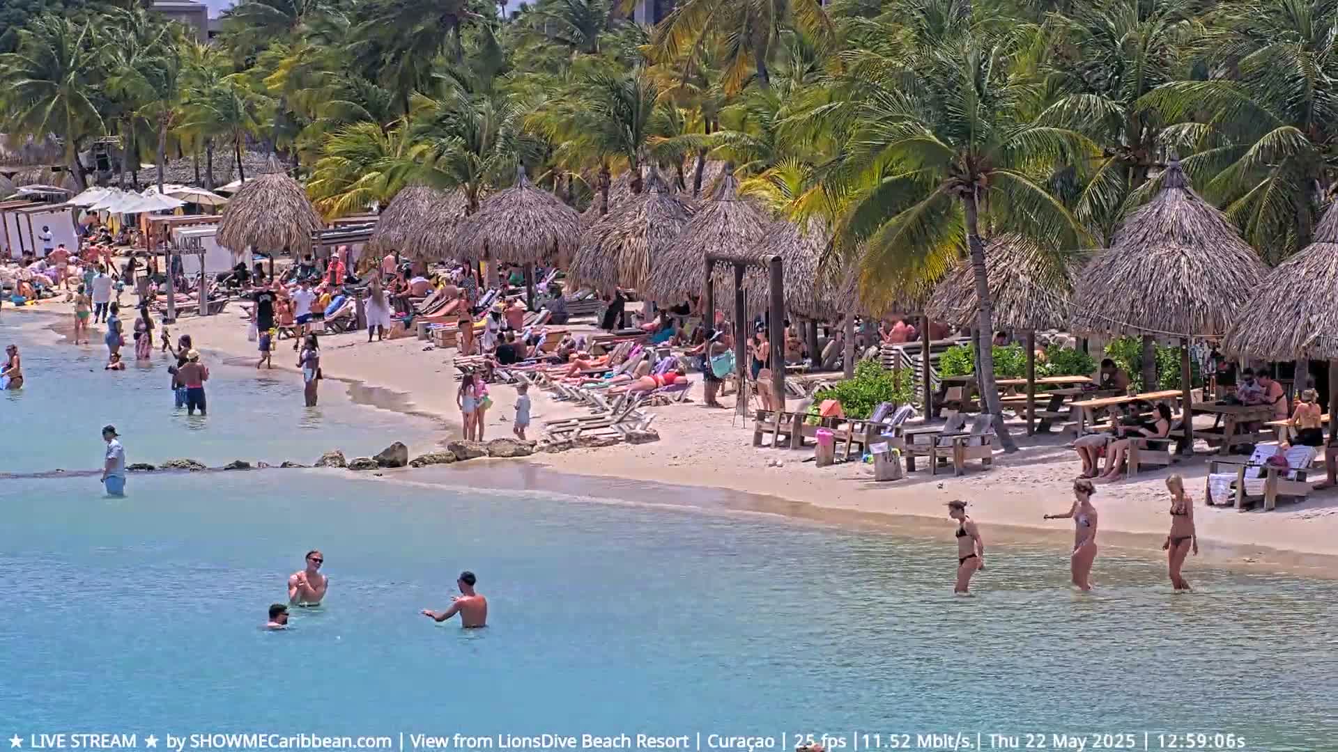 A sunny beach scene shows numerous people relaxing and swimming in calm, shallow turquoise water, under many thatched-roof beach umbrellas and palm trees.