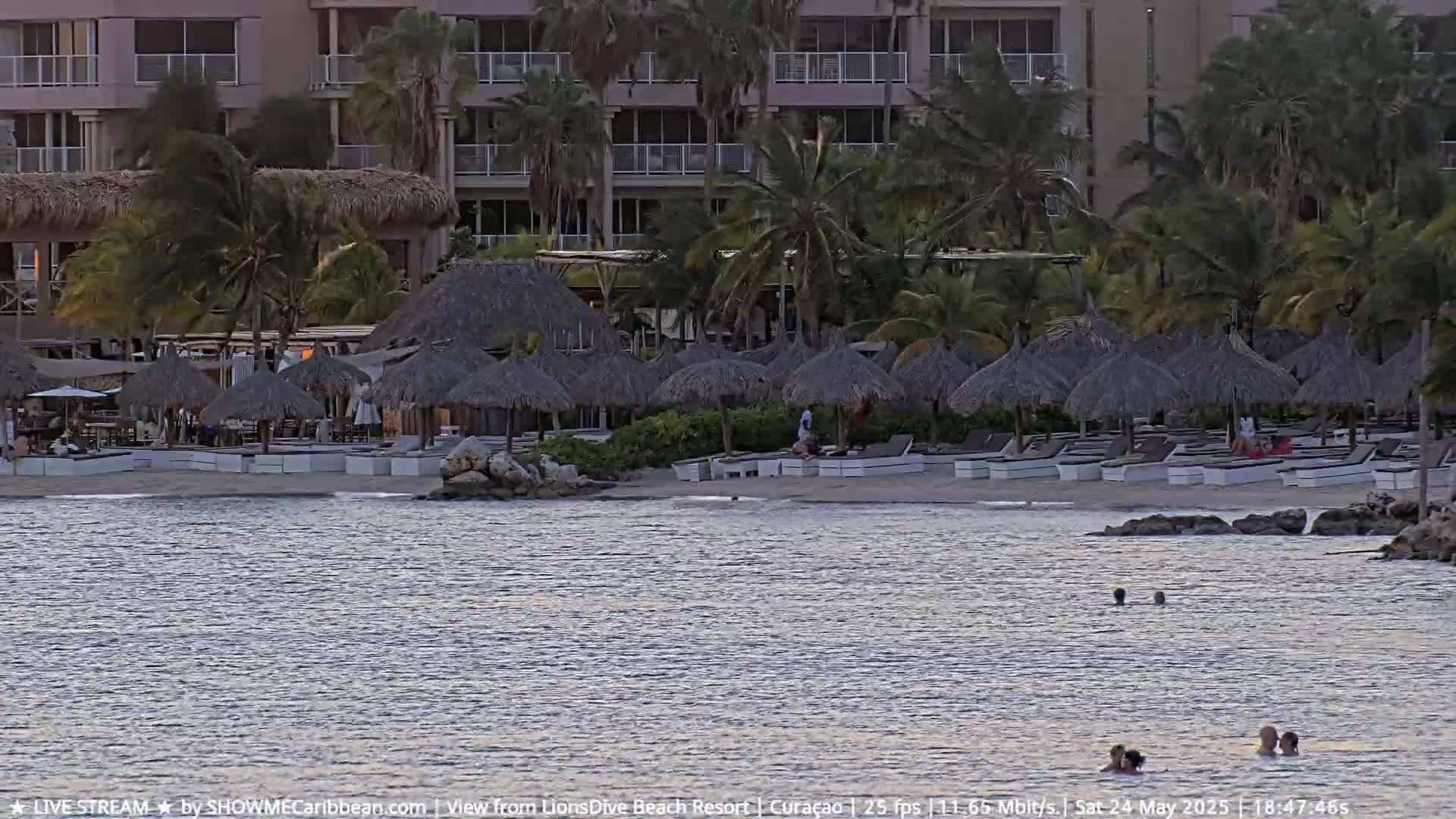 A calm body of water laps a sandy beach lined with thatched-roof umbrellas and lounge chairs in front of a multi-story building, under a dusky sky.