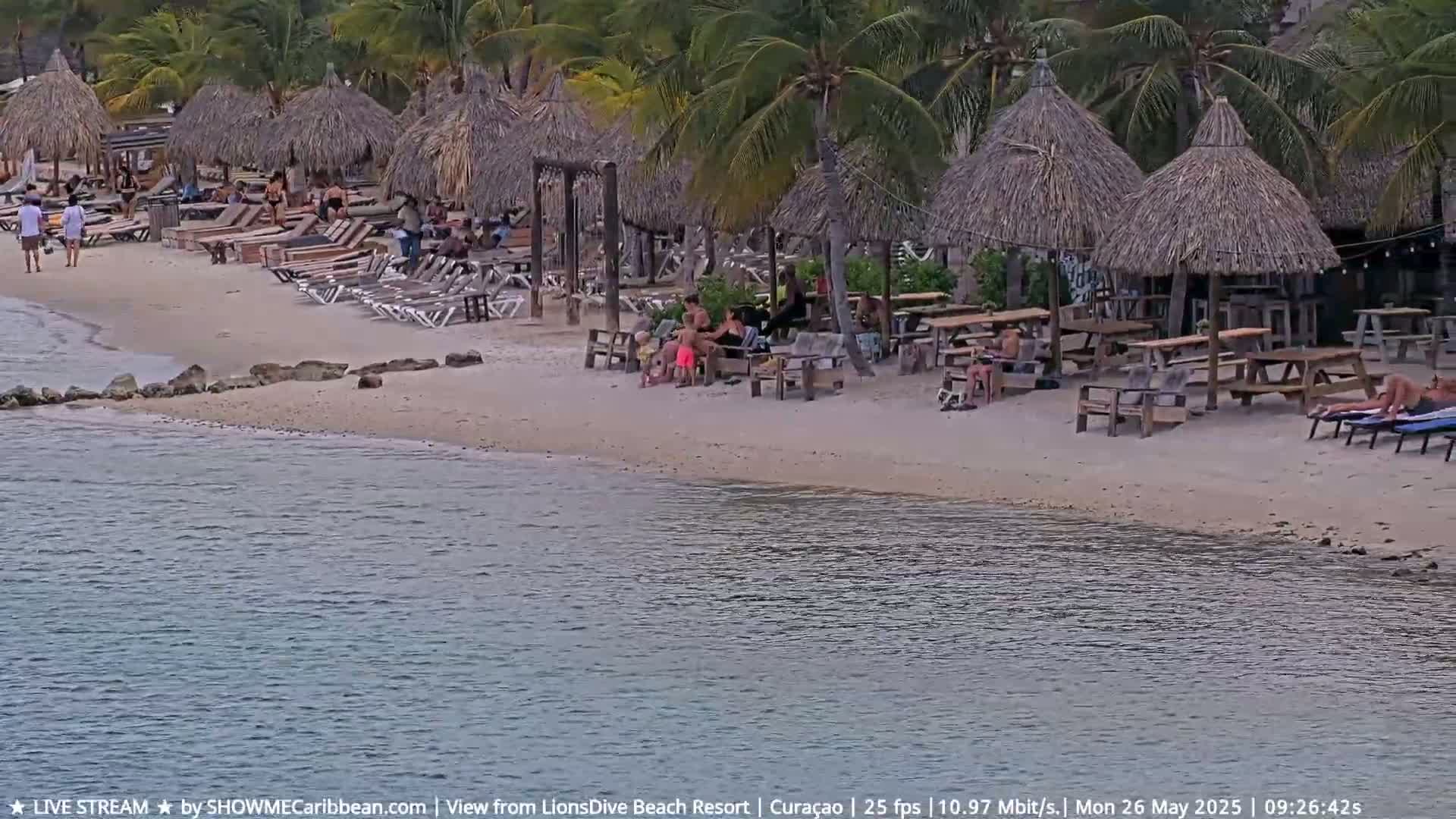 A sandy beach with thatched-roof umbrellas, lounge chairs, and picnic tables is populated with people relaxing on a calm, partly cloudy day.