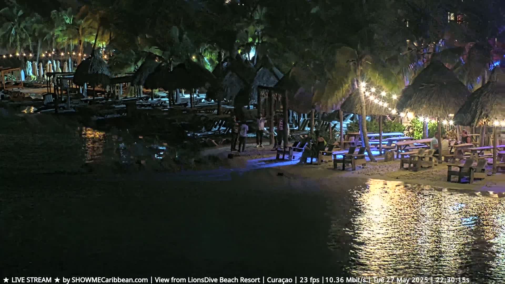 A nighttime beach scene shows a beachfront bar area with thatched-roof huts, picnic tables, string lights, and several people sitting and standing around.
