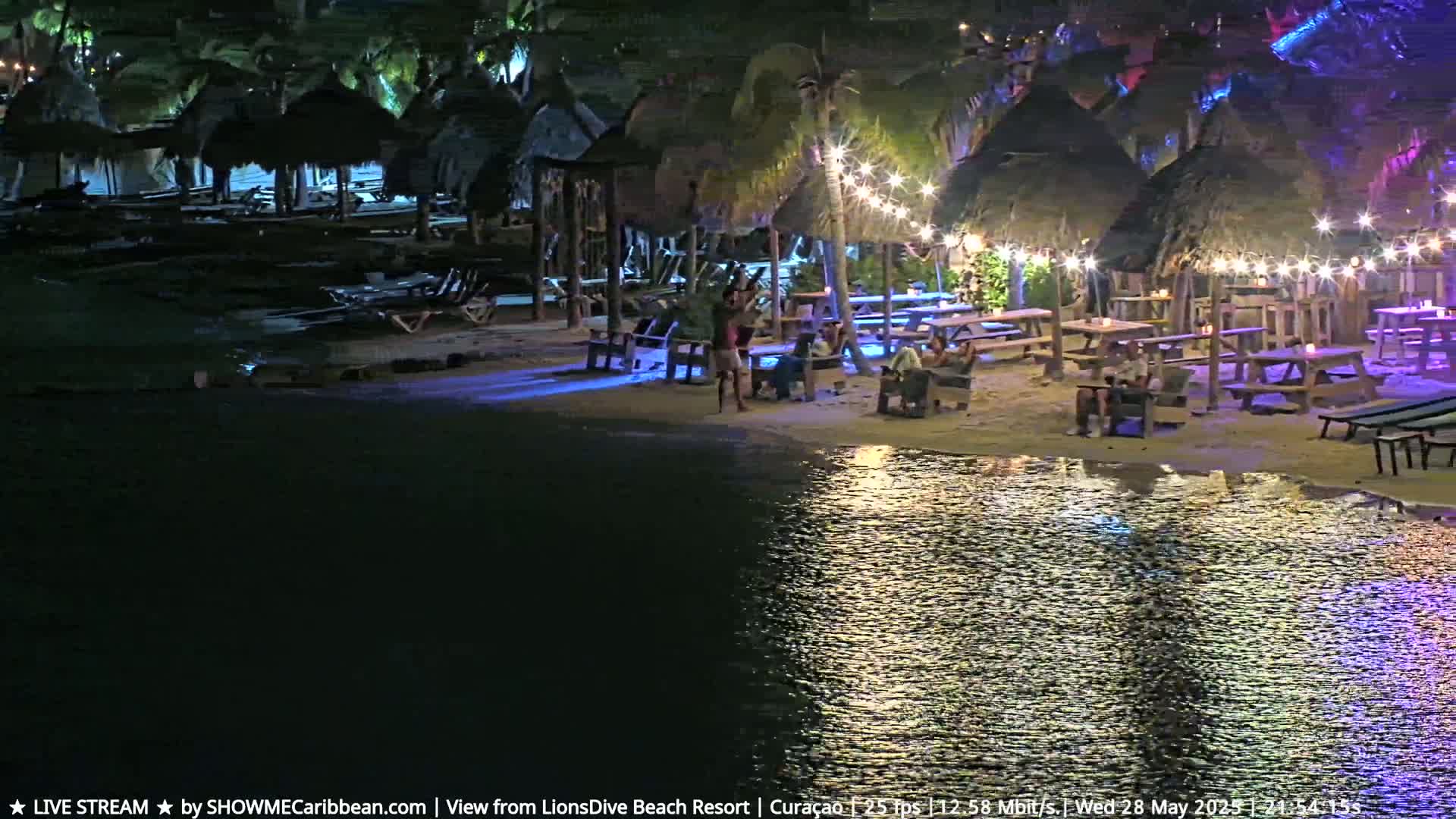 A nighttime beach scene shows several thatched-roof structures with string lights illuminating picnic tables where people are seated, all next to calm water reflecting the lights.