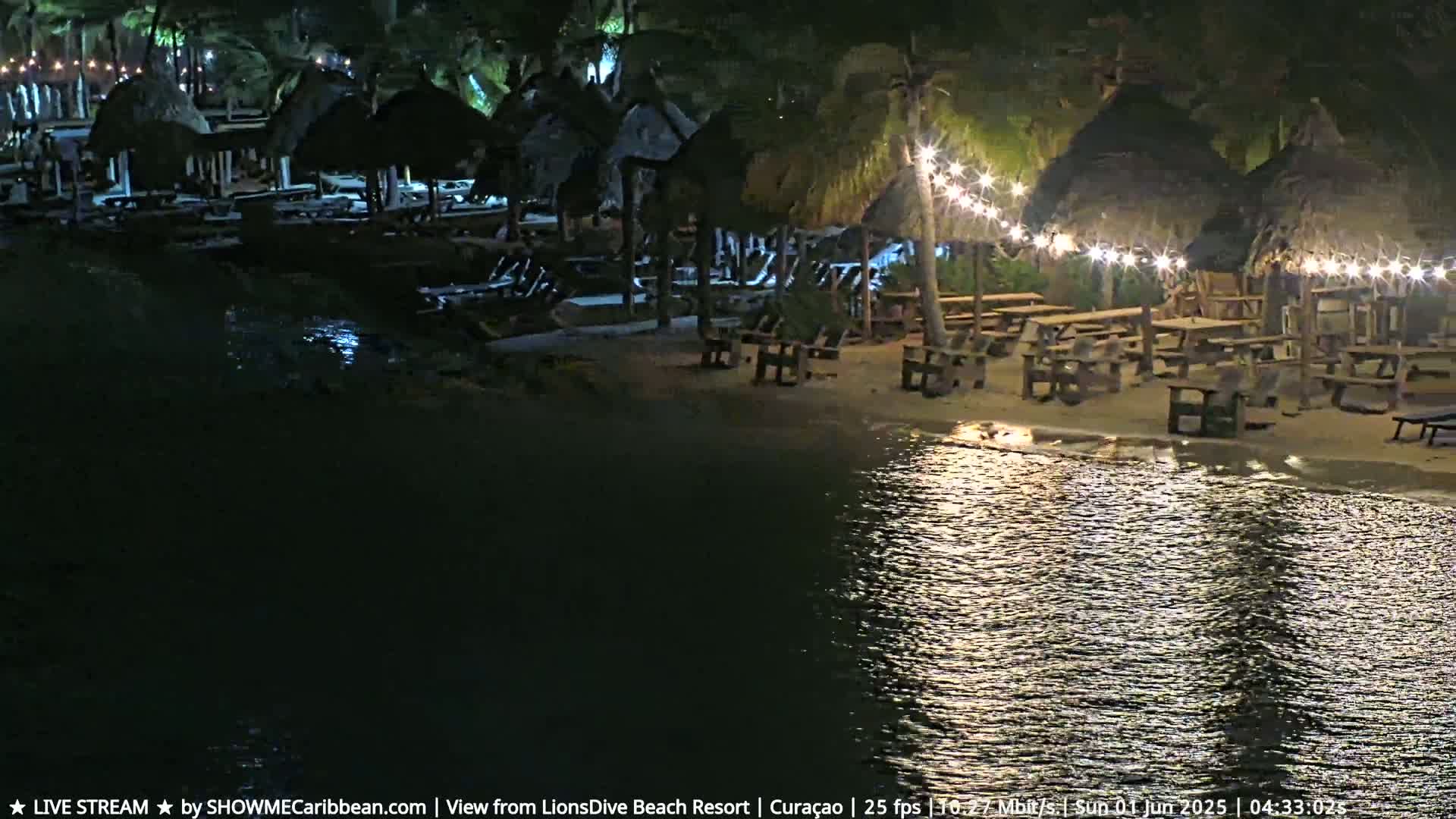 A nighttime beach scene shows thatch-roofed structures, picnic tables, and lounge chairs illuminated by string lights, all near calm water.