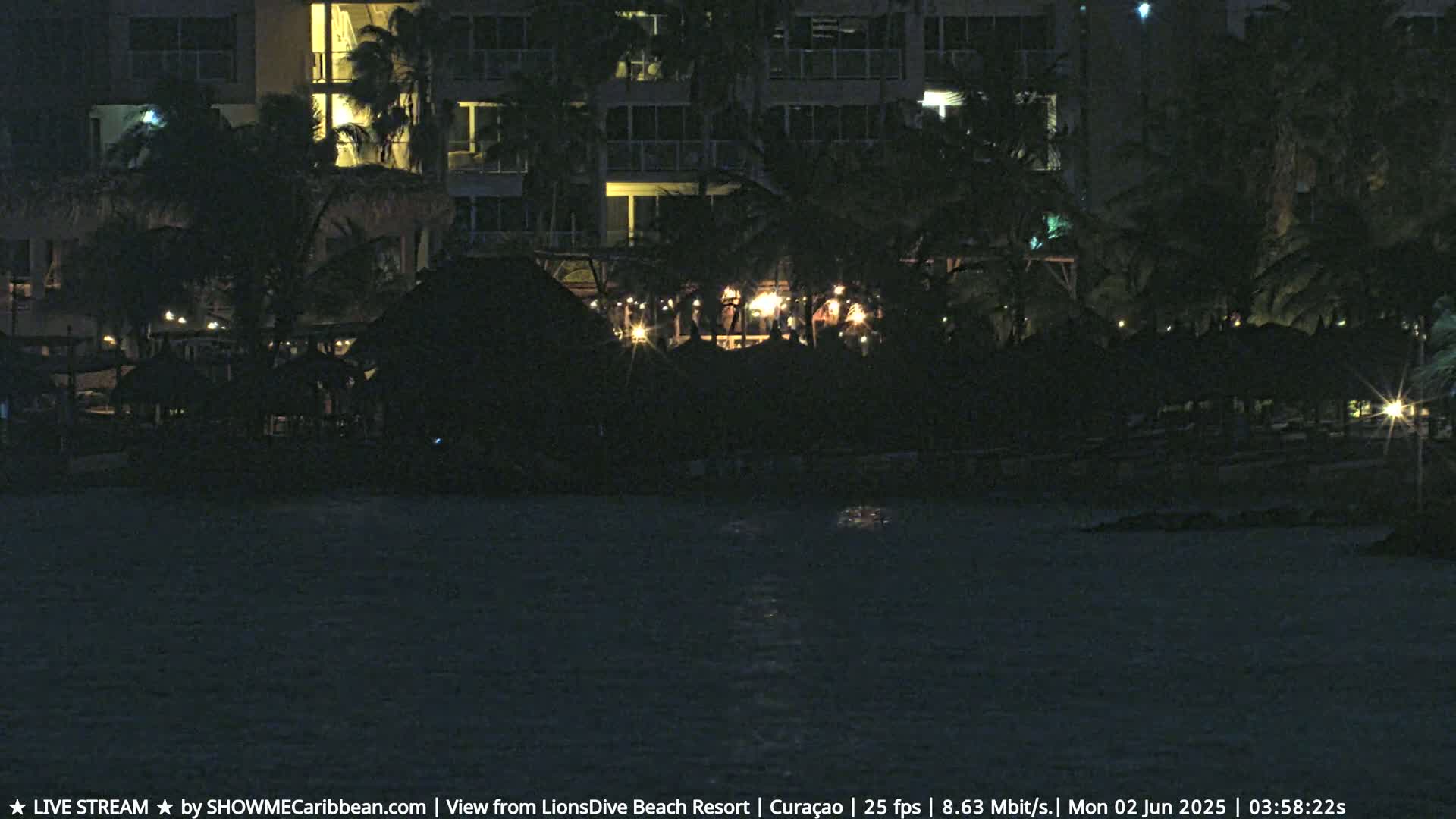 At night, a resort's beachfront, lit with lamps, shows palm trees and small structures near a dark body of water.