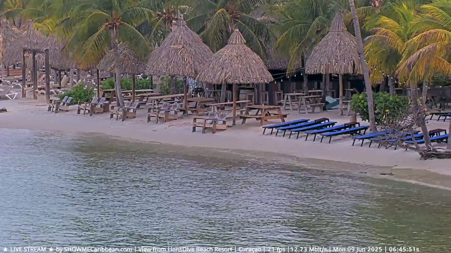 A sandy beach with thatched-roof umbrellas, picnic tables, and lounge chairs sits beside calm water, under a partly cloudy sky.