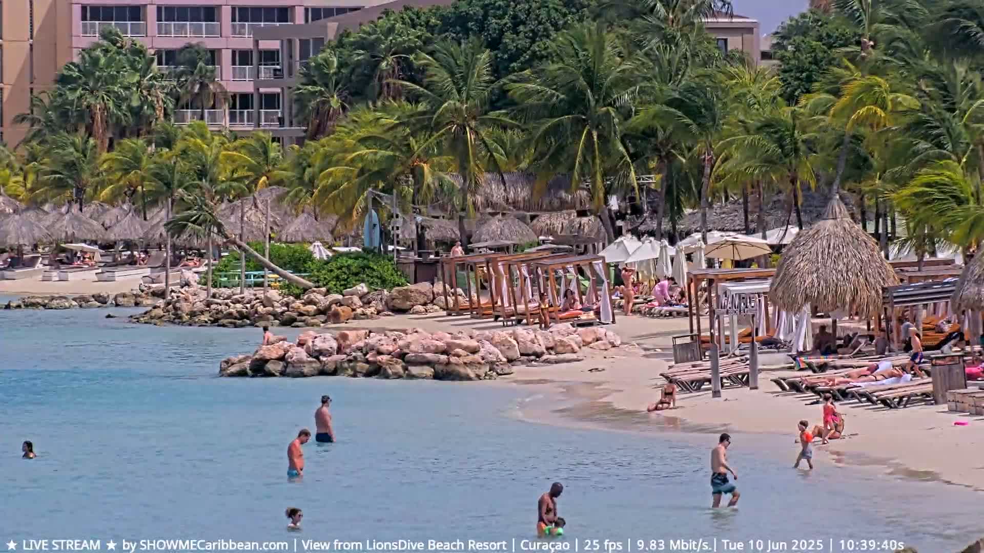 A sunny beach scene shows people swimming and relaxing on a sandy shore with palm trees, beach umbrellas, and lounge chairs, near a resort building.