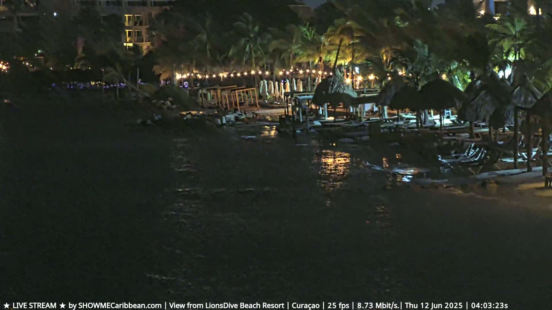 A nighttime beach scene shows a resort with thatched-roof structures and string lights, partially submerged in dark water.