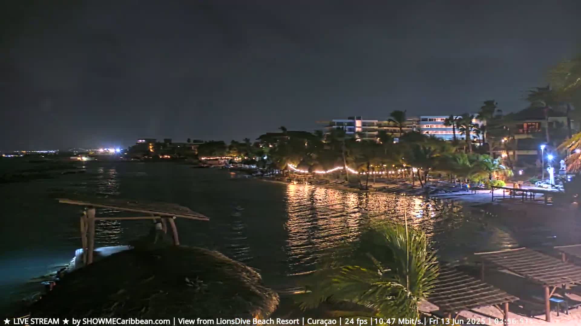 A nighttime view of a calm body of water reflecting lights from a beachside resort with palm trees and string lights along the shore.