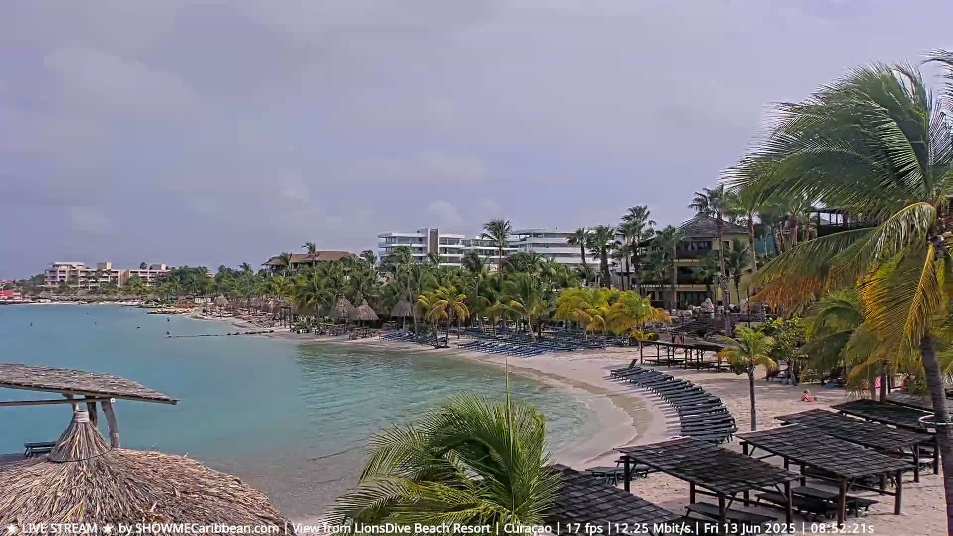 A sandy beach with lounge chairs and palapas sits beside a calm, turquoise body of water, with resort buildings and lush palm trees in the background under a mostly clear sky.