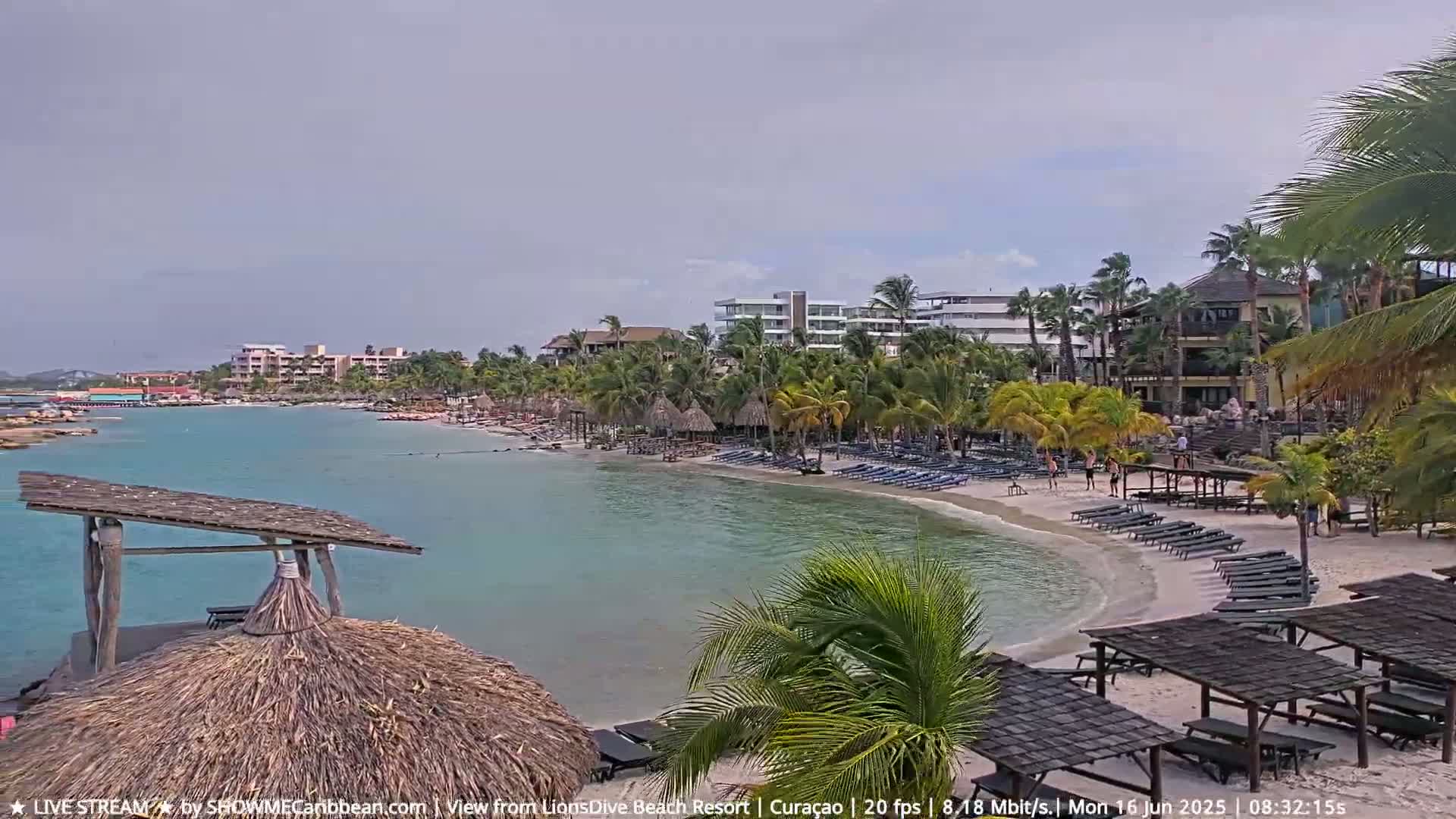 A beach scene shows a calm, turquoise body of water, a sandy shore lined with lounge chairs and palapas, and resort buildings in the background under an overcast sky.