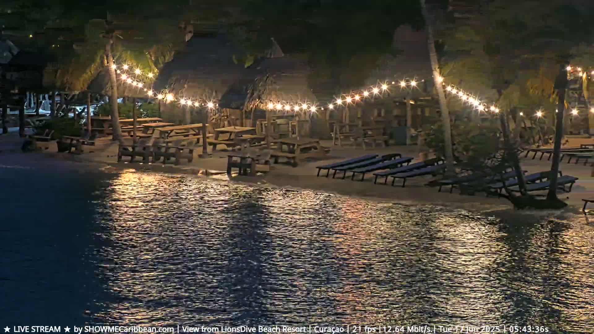 String lights illuminate picnic tables and lounge chairs on a sandy beach at night next to calm water.