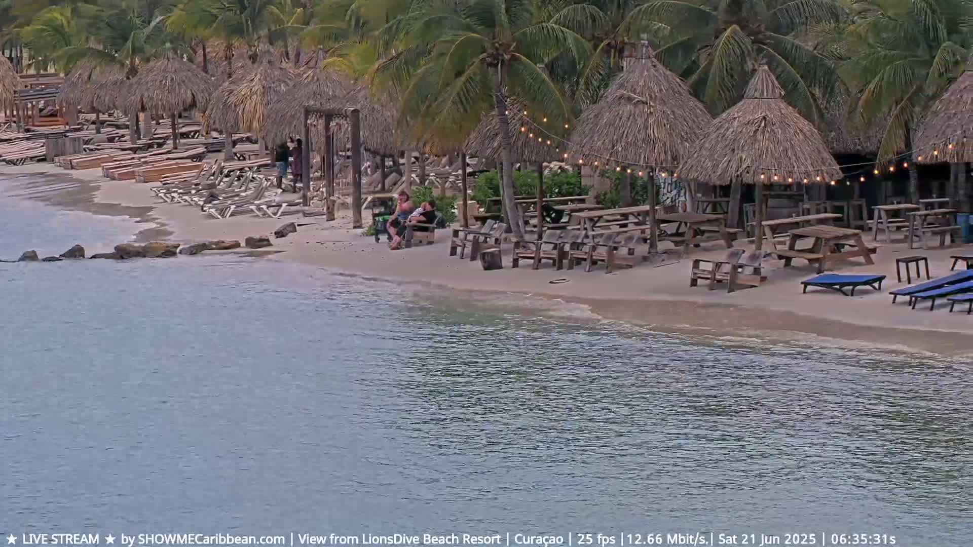 A sandy beach with thatch-roofed umbrellas, beach chairs, picnic tables, and a few people is next to calm water.