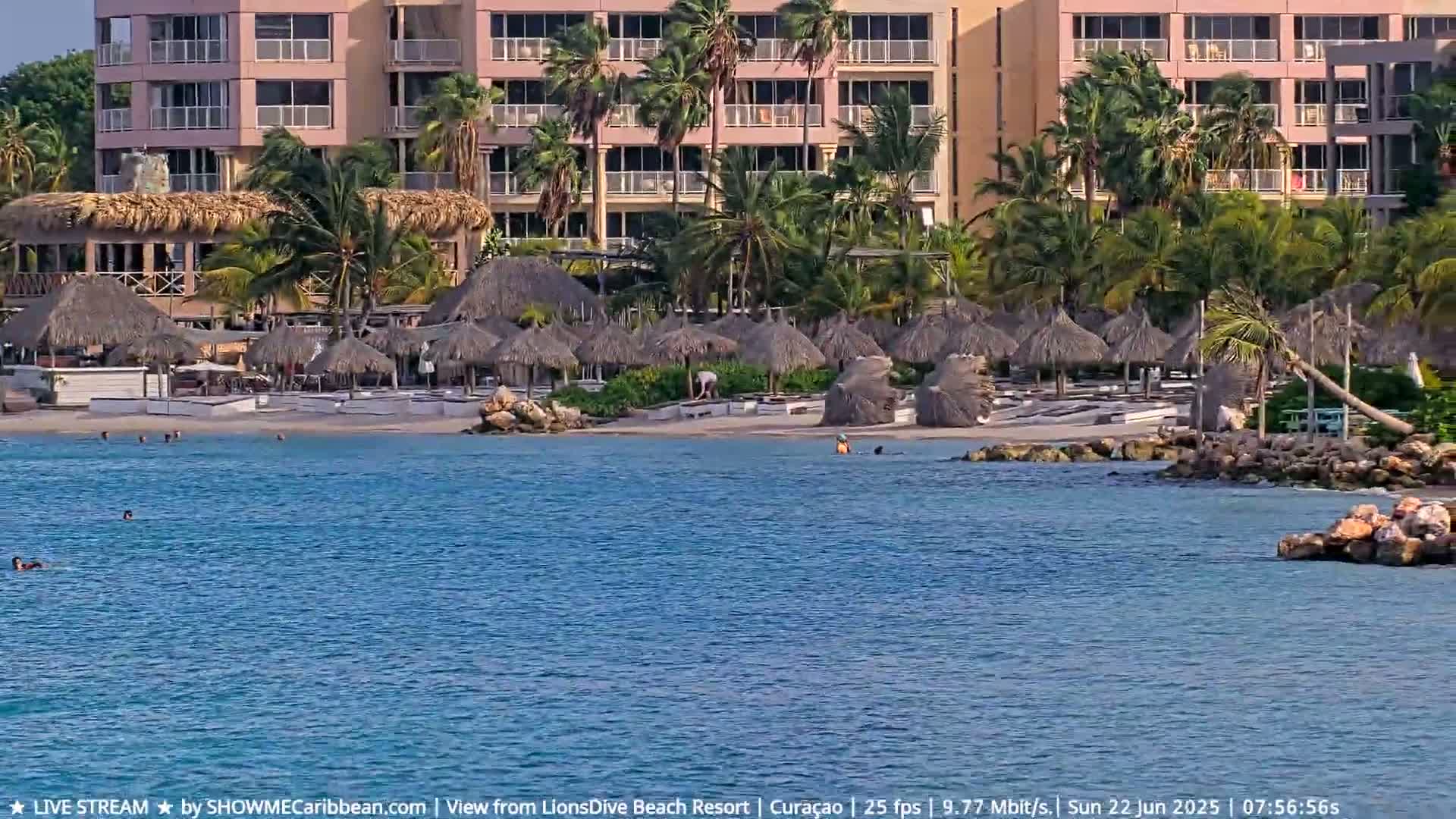 A sandy beach with numerous thatched umbrellas and a multi-story building behind it is partially visible across a calm body of blue water.