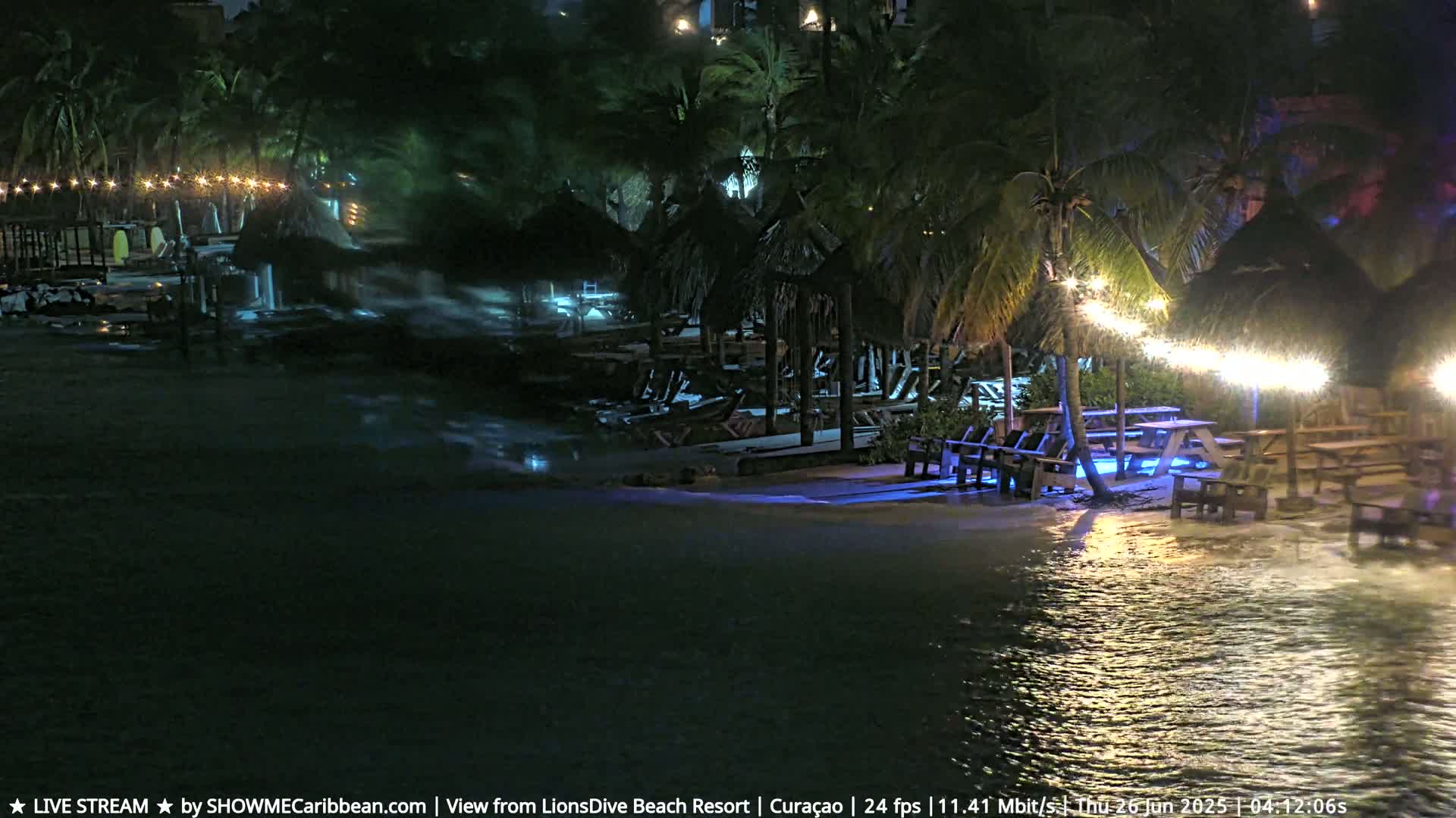 A nighttime beach scene shows palm trees, thatched-roof structures, and picnic tables partially submerged in shallow, wave-lapped water under a dark sky.