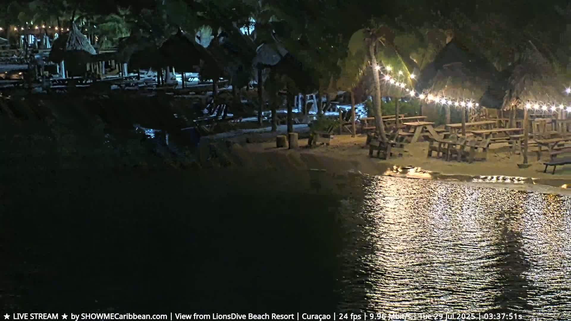 A nighttime beach scene shows several thatched-roof structures with picnic tables and string lights near calm water.