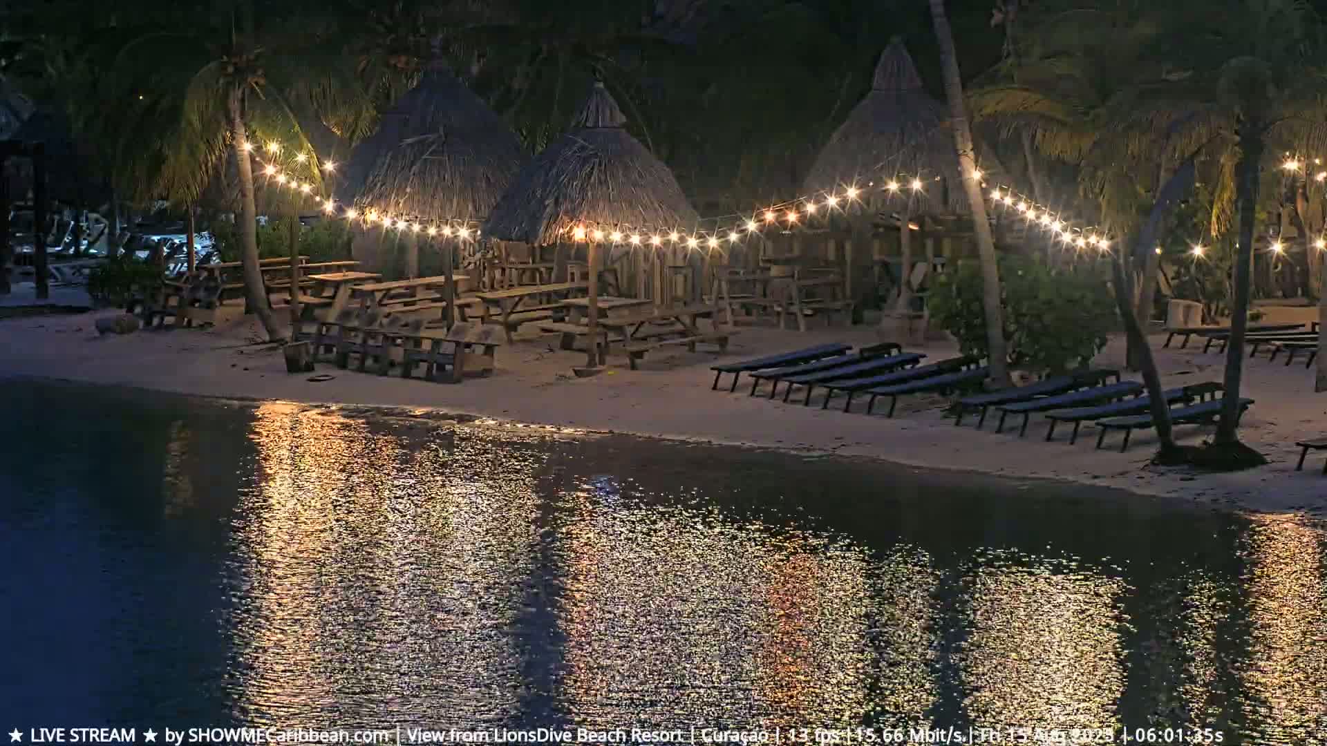 A nighttime beach scene shows several thatched-roof structures with picnic tables and string lights near calm water.