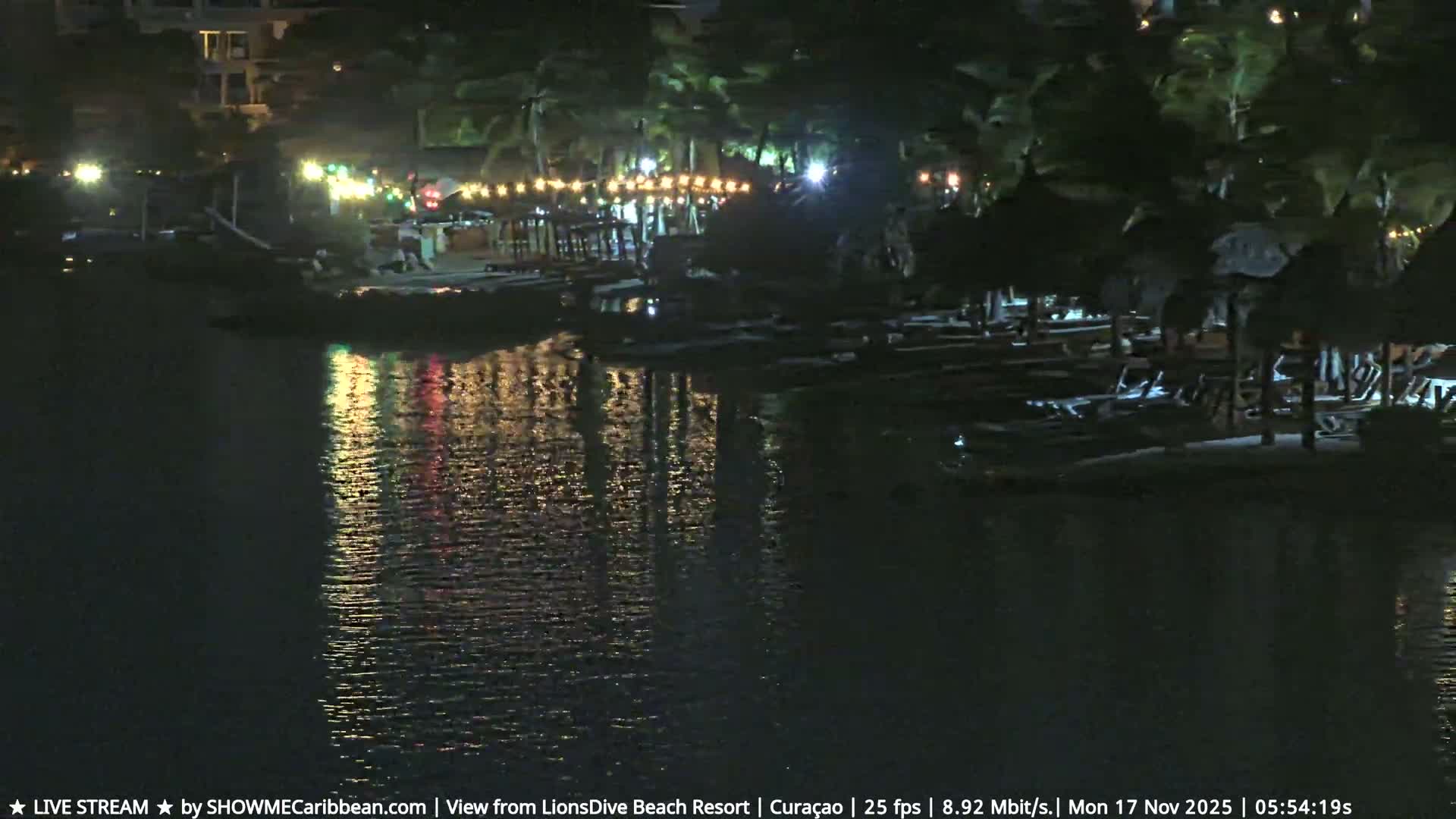 The image captures a clear, dark night at a waterfront resort, featuring string lights reflecting on the water's surface, beach umbrellas, and palm trees along the shore.
