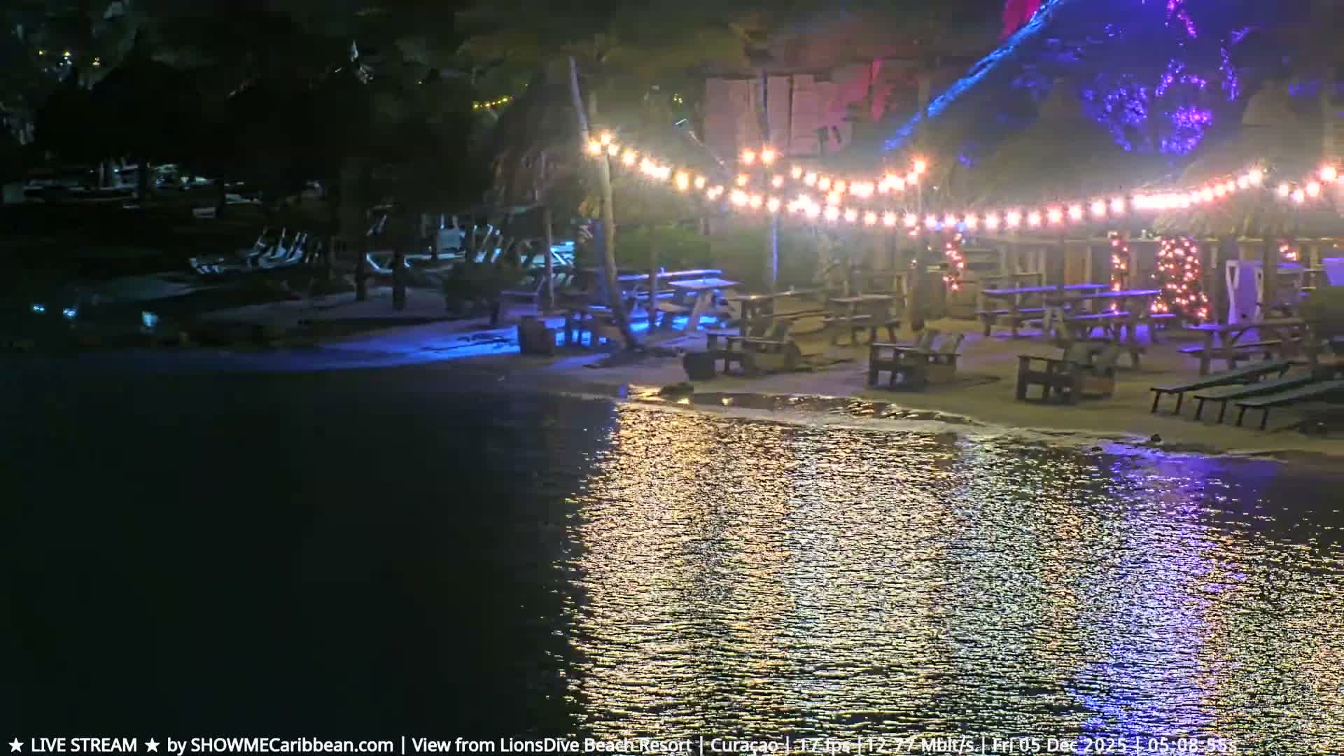 The image shows a resort beach or waterfront at night, illuminated by string lights and colorful uplighting on the sand where picnic tables and lounge chairs are set up, with the lights reflecting on the calm water under clear skies.