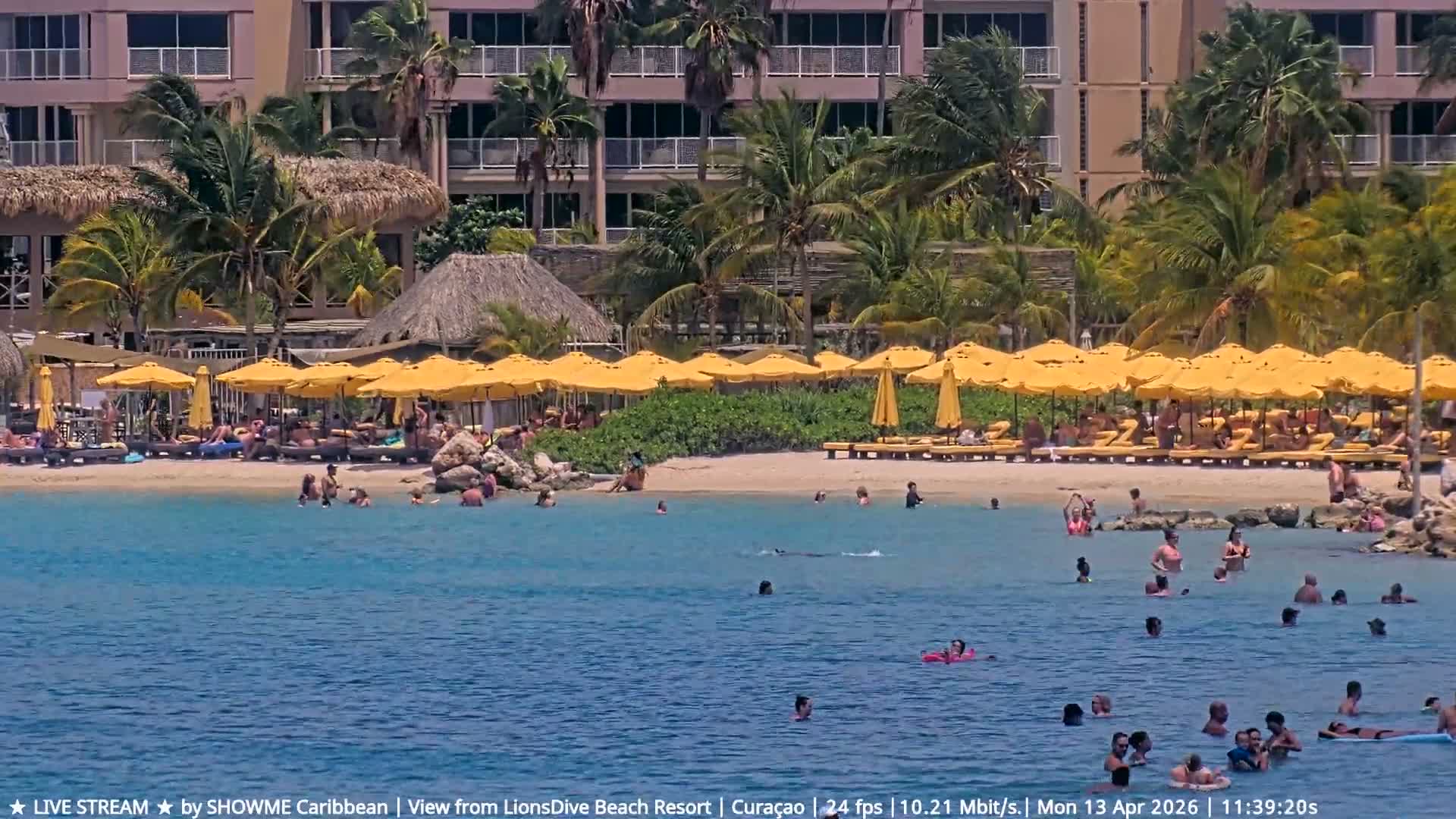 The image shows a resort beach or waterfront at night, illuminated by string lights and colorful uplighting on the sand where picnic tables and lounge chairs are set up, with the lights reflecting on the calm water under clear skies.
