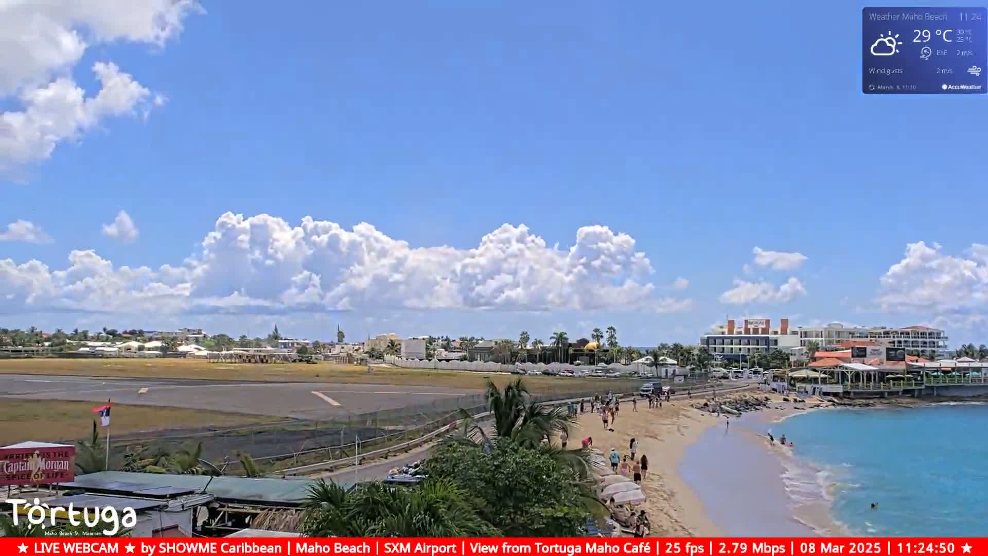 A sunny day with partly cloudy skies shows an airport runway, beach with people, and ocean, all near buildings.
