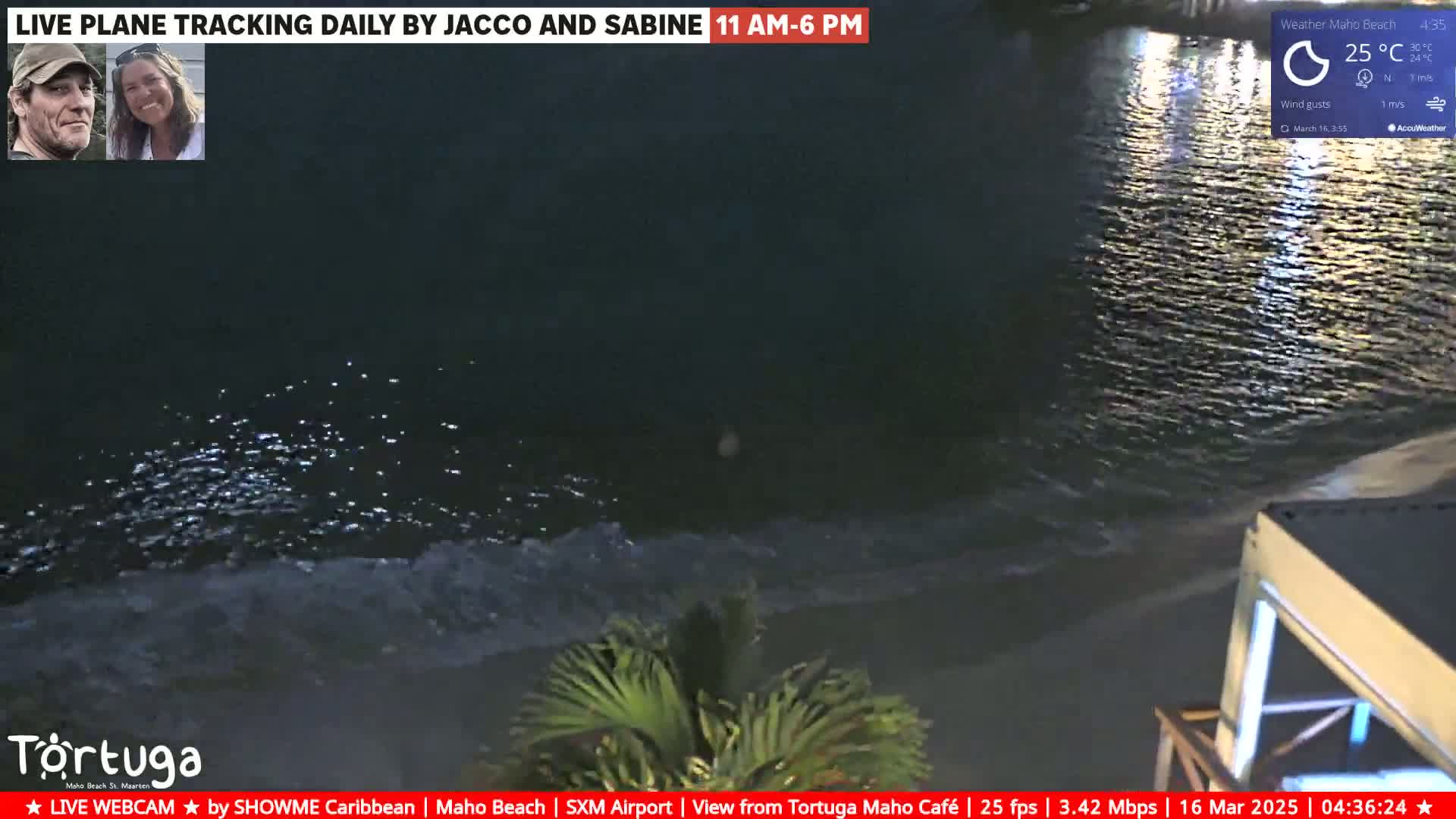 A nighttime beach scene shows dark water gently lapping the shore under a clear sky, with a 25°C temperature.
