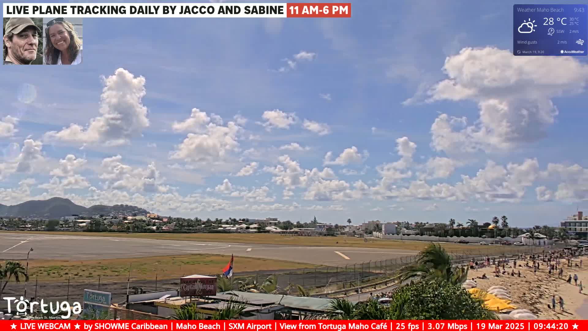 A partly cloudy day at a beach with an airport runway visible in the background, and people sunbathing on the sand.