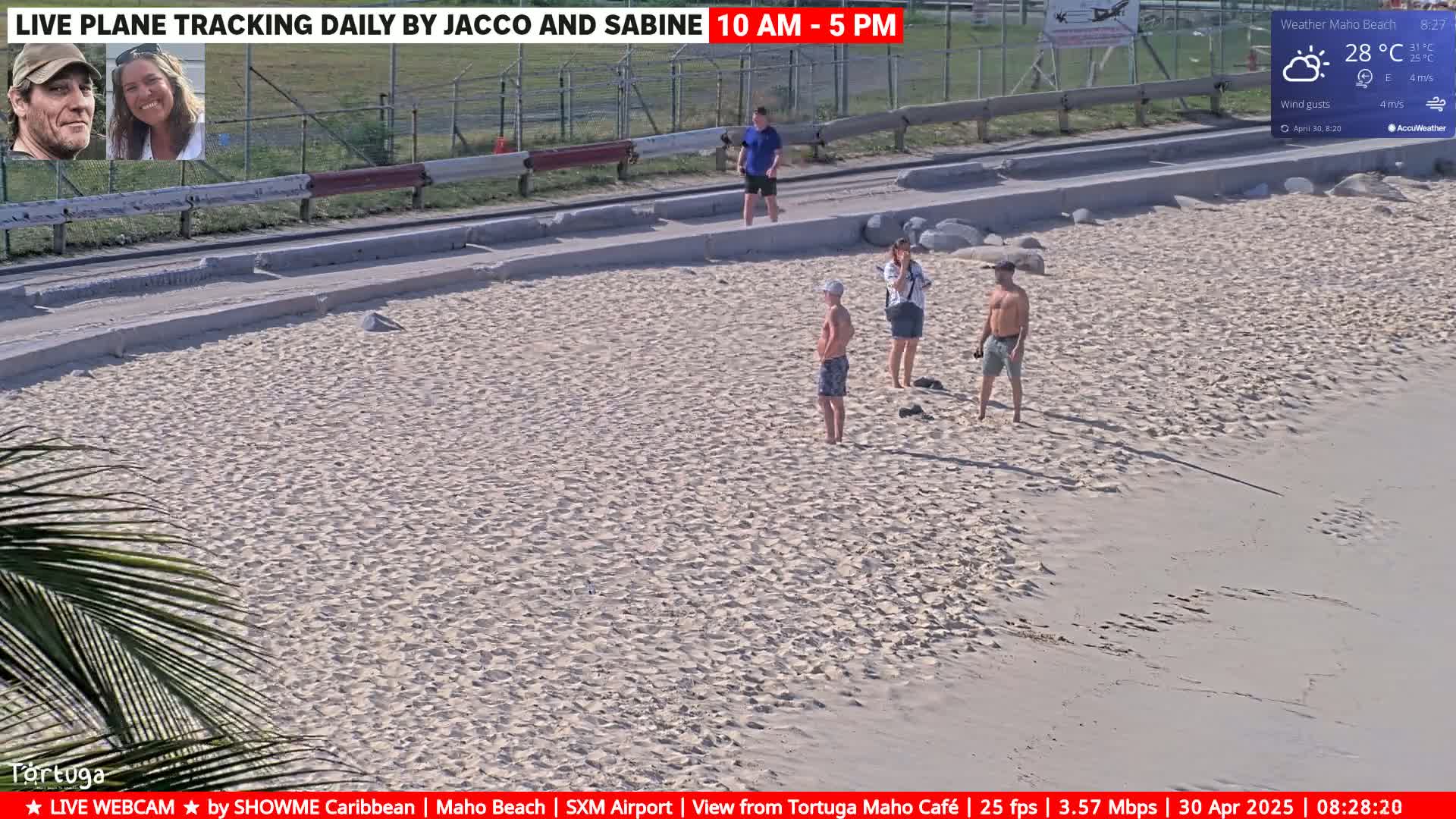 A sandy beach with several people standing on it, under partly sunny skies with a light east wind.