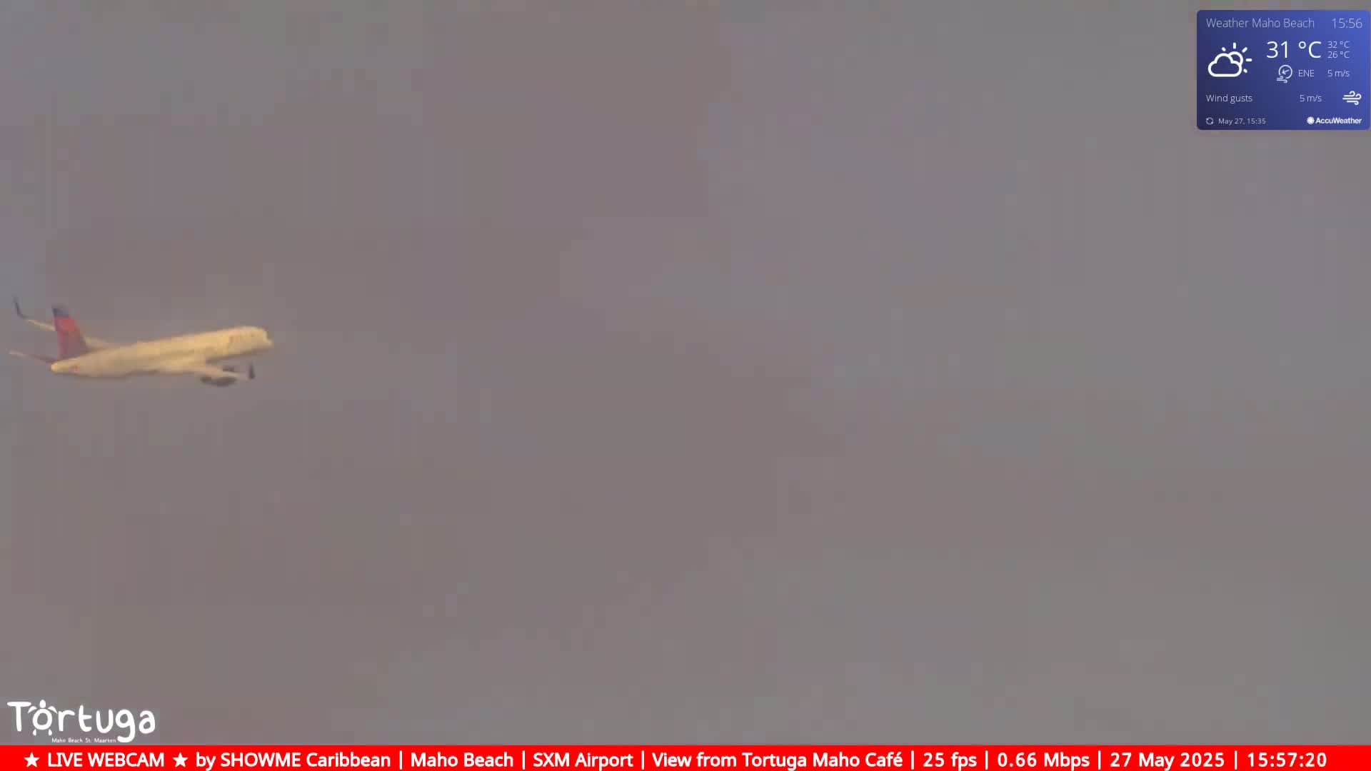 A passenger airplane flies through a hazy, overcast sky.