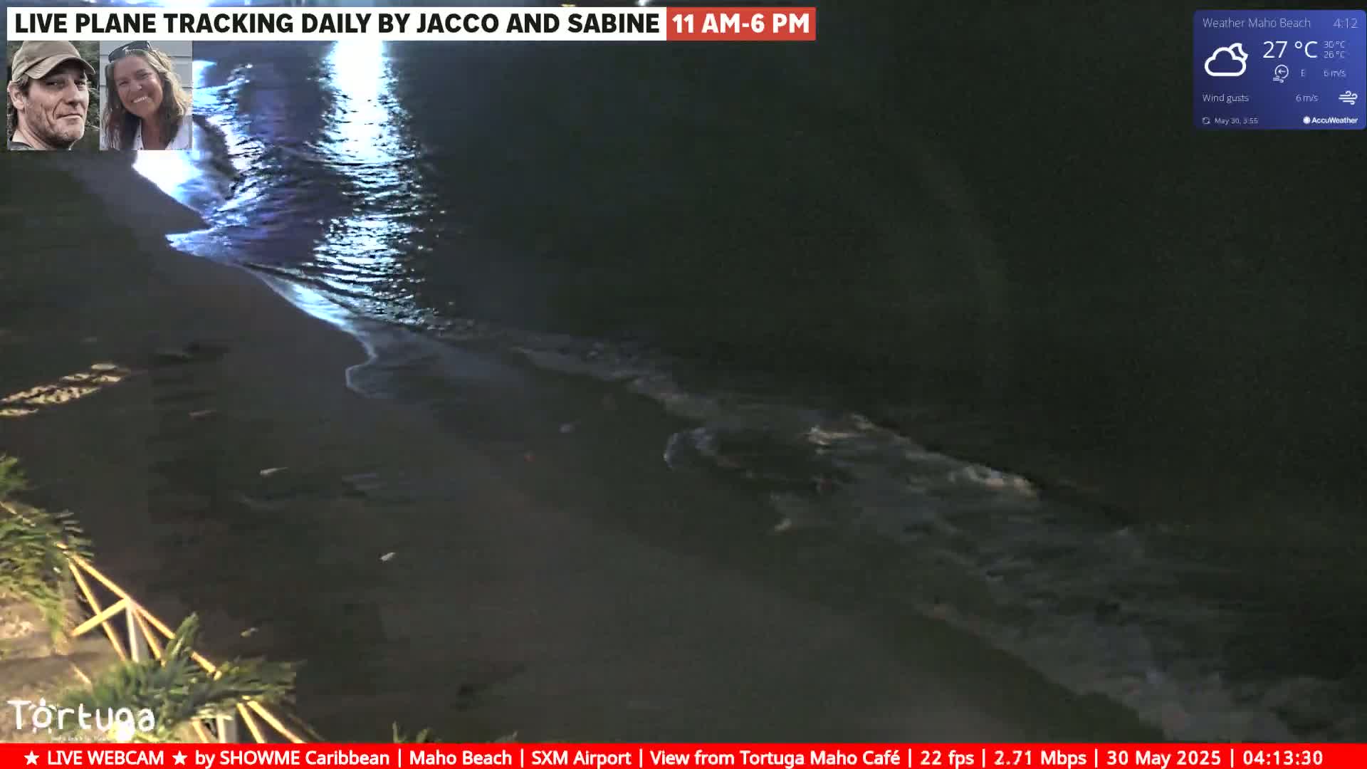 A nighttime beach scene shows dark sand and gently lapping waves under partly cloudy skies with a temperature of 27°C.