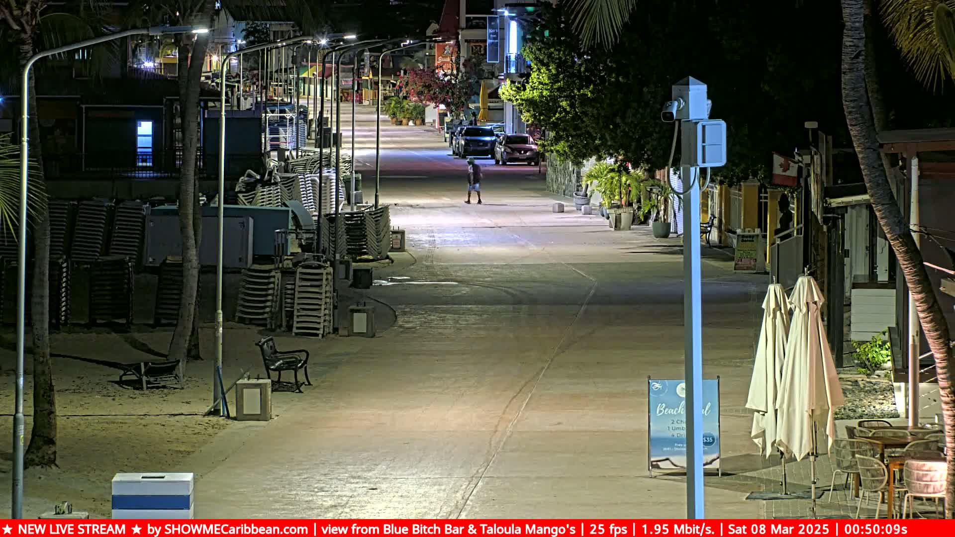 A nighttime street scene shows a mostly empty pedestrian walkway lined with beach chairs, palm trees, and closed shops, with a single person walking in the distance under bright streetlights.