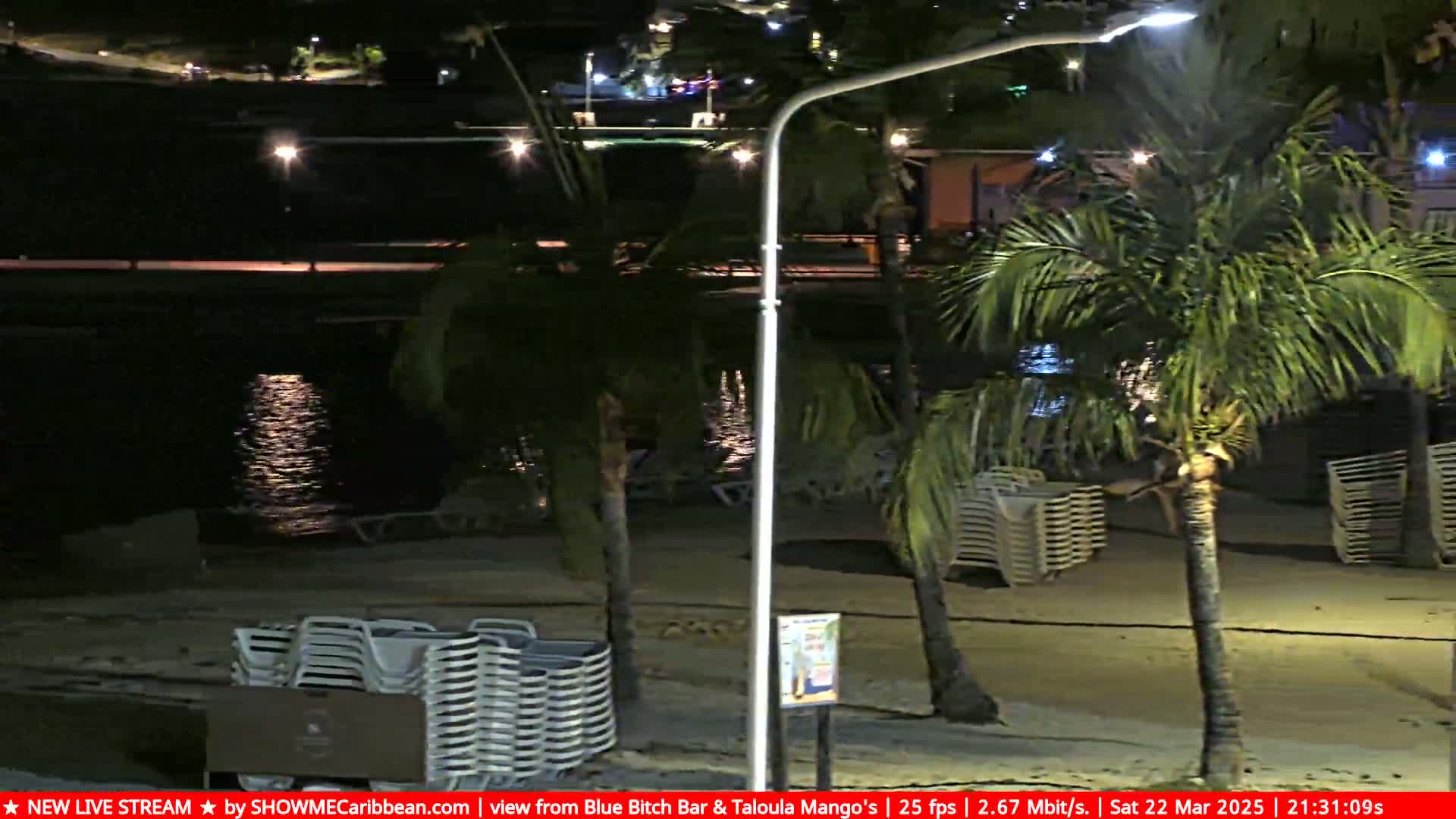 A nighttime beach scene shows stacks of empty lounge chairs under palm trees near a calm body of water lit by several streetlights.