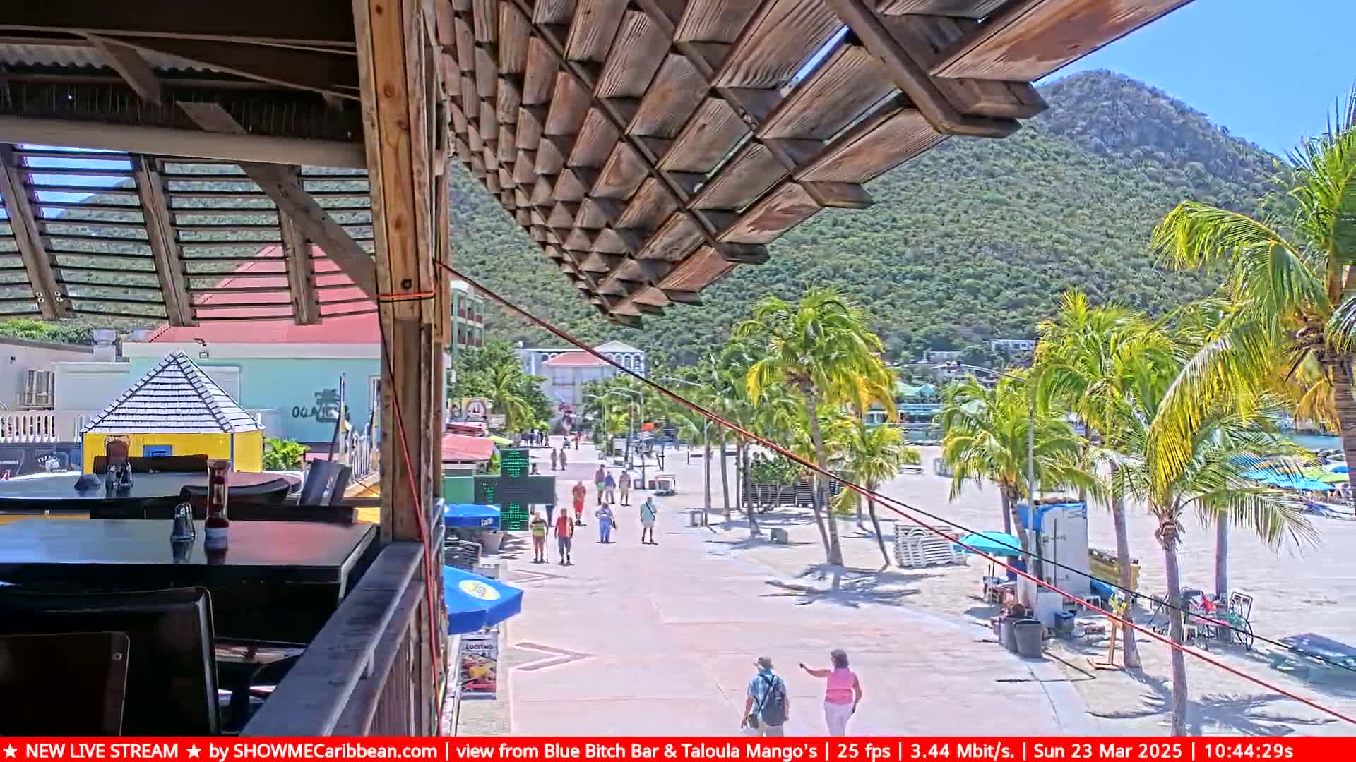 A sunny outdoor scene viewed from a wooden patio overlooking a beach and boardwalk, with palm trees, buildings, and people walking.