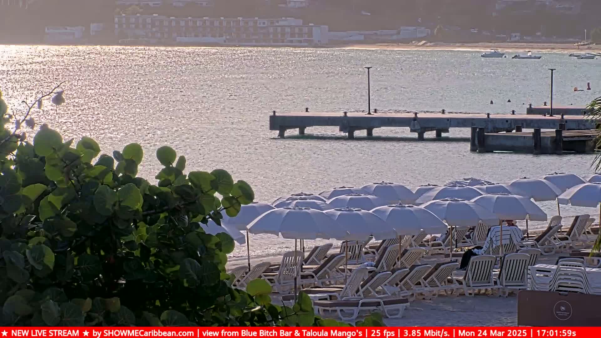 A beach scene shows a calm, sparkling body of water with a pier, a sandy shore lined with white umbrellas and lounge chairs, and a small amount of vegetation in the foreground.