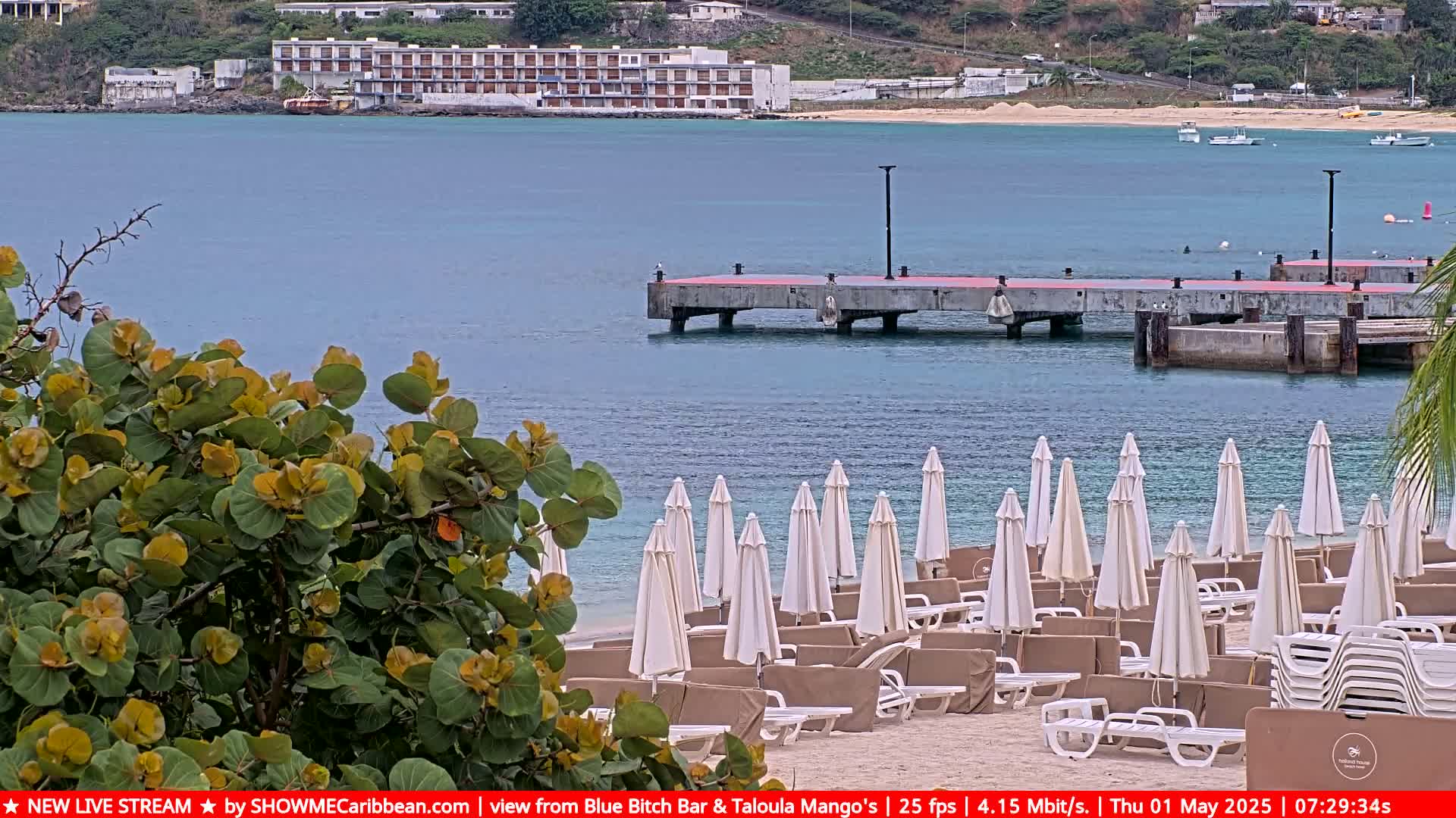 A sandy beach with rows of white umbrellas and lounge chairs is situated near a concrete pier, overlooking a calm body of water and a distant building.